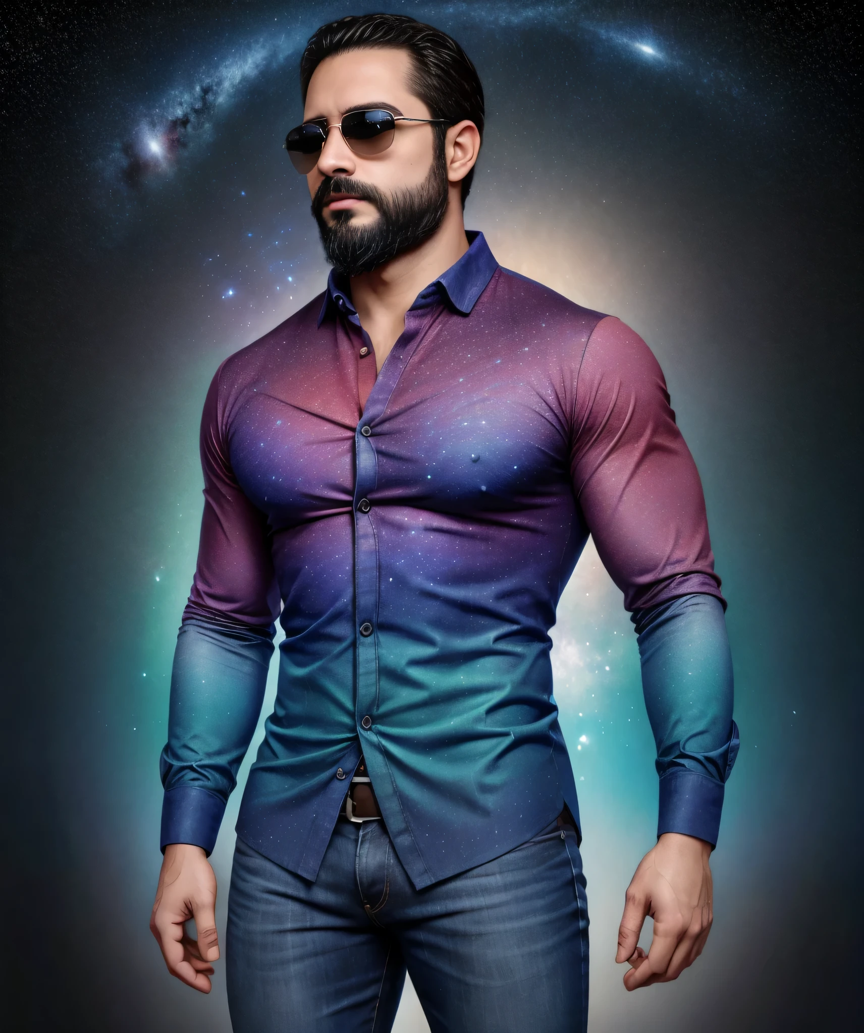 Obra maestra, desenfoque de campo, Parte superior del cuerpo, Hands in pants pockets, 38 year old man with beard and square sunglasses. Man wearing a shirt with a color gradient in the space movie with a star a Galaxy in the background.