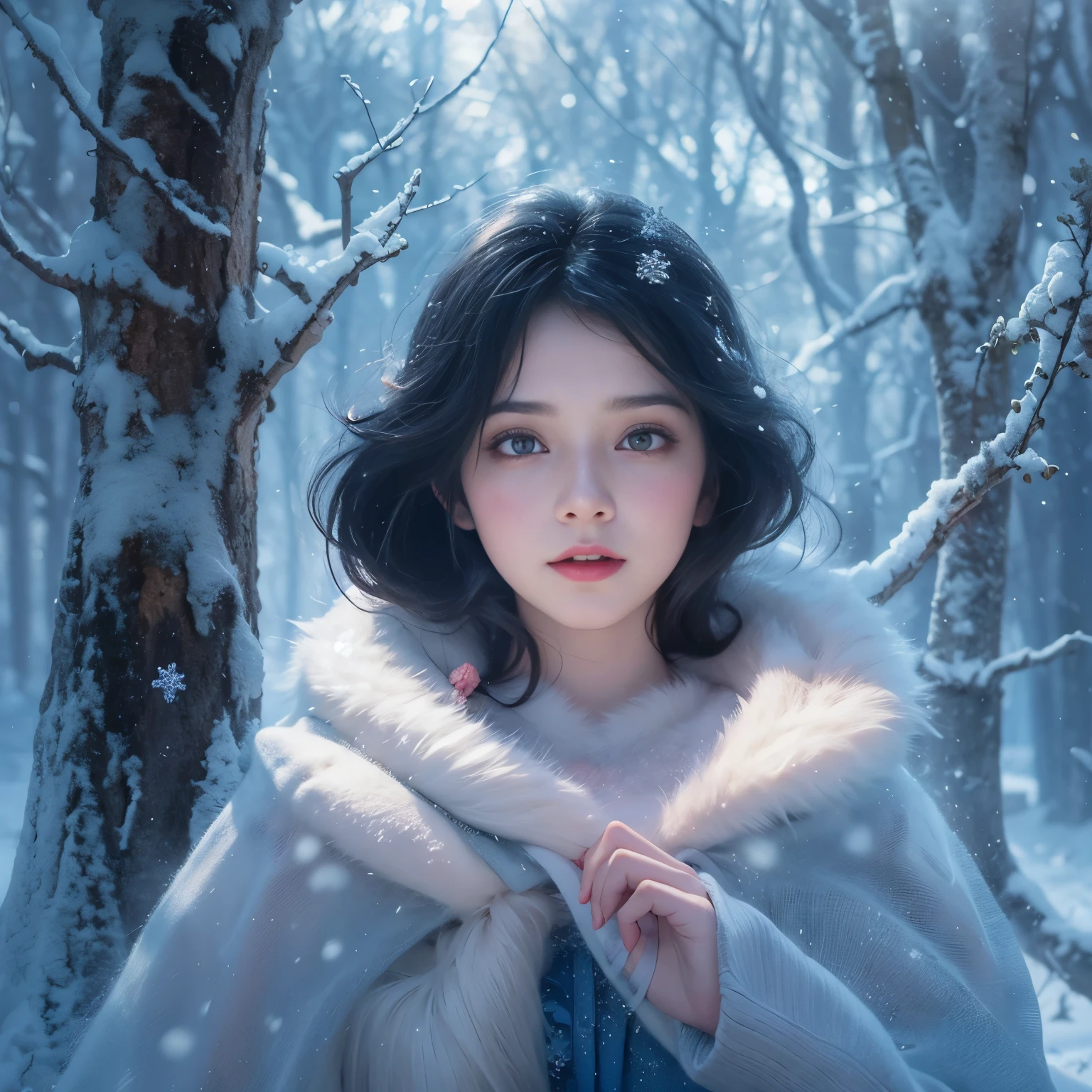 a girl with flowing black hair and fair skin,dressed in a beautiful blue gown and a white puffy cloak,standing in a snowy forest, surrounded by towering pine trees,her bright blue eyes shining with innocence,her rosy lips with a hint of smile,the snowflakes gently falling onto her hair and eyelashes,creating a magical atmosphere.(best quality,ultra-detailed,realistic),a breath-taking winter landscape, capturing the serene beauty of nature,the snowy ground sparkling in the sunlight,her breath visible in the cold air, the sunlight filtering through the branches, casting a soft glow on her face,creating a dream-like setting.(photography,detailed portrait,luminous lighting),a sense of enchantment and wonder, as if stepping into a fairy tale,a delicate balance between warmth and coldness, the contrasting textures and colors adding depth and richness to the scene(vivid colors,painting-like effect,dreamy atmosphere).