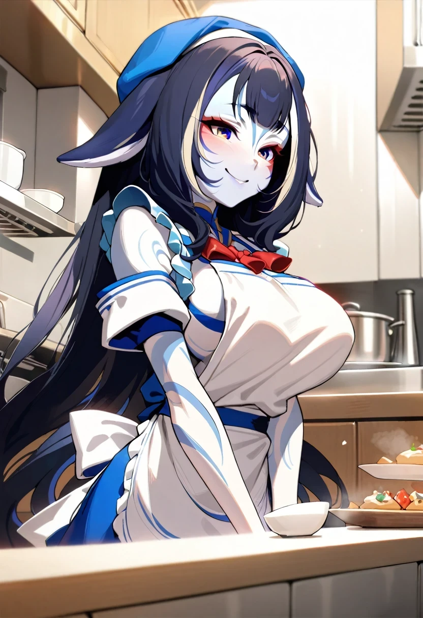 1girl, long hair, silver hair, silver eyes, , hair bow, church, large breasts, smile, ,(wearing nothing:2),, cooking, nsfw, (Sweating profusely, Love juice, Wet Woman, female ejaculation) Nipples, Peeing, lactation, projectile lactation