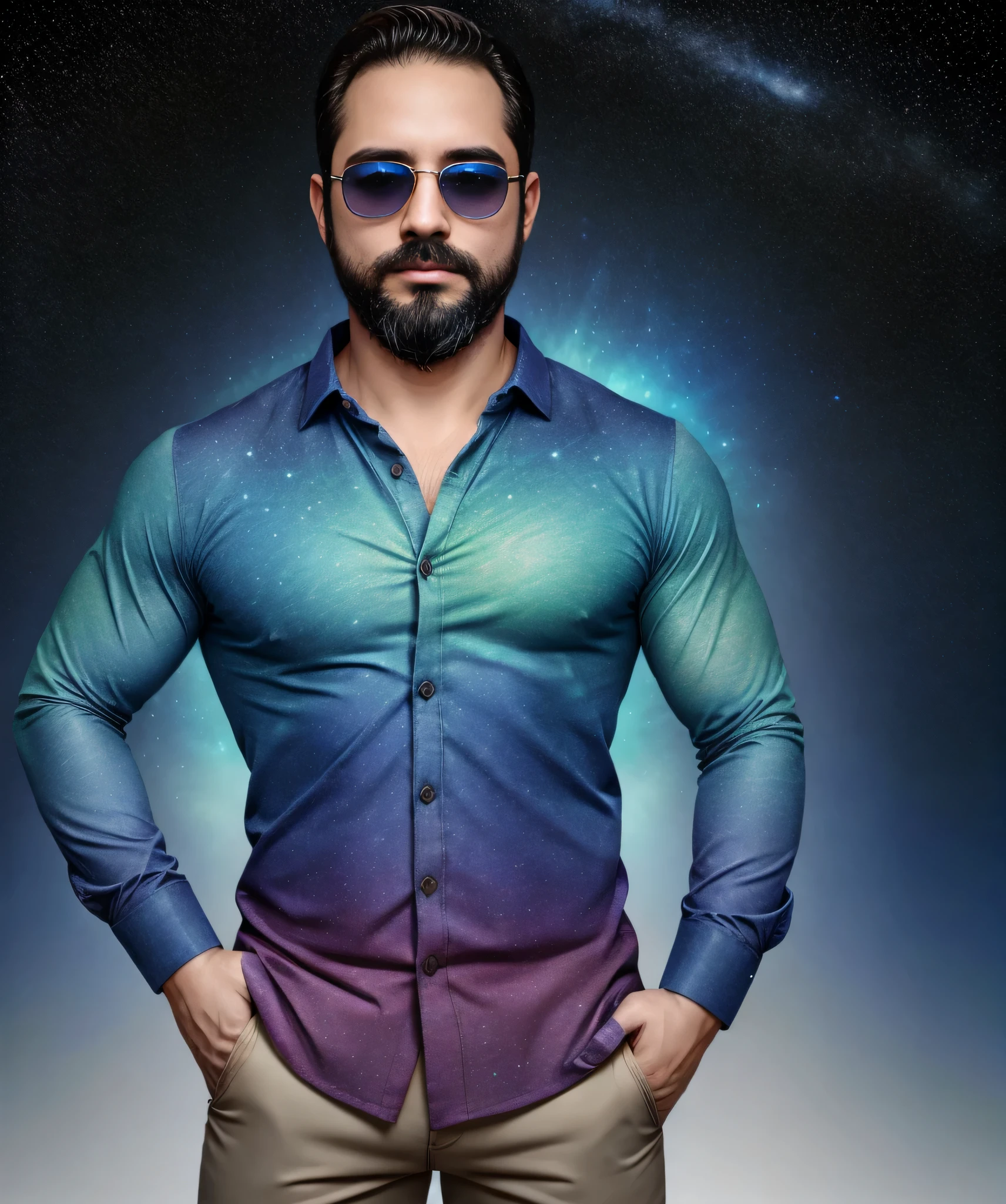 Obra maestra, desenfoque de campo, Parte superior del cuerpo, Hands in pants pockets, 38 year old man with beard and square sunglasses. Man wearing a shirt with a color gradient in the space movie with a star a Galaxy in the background.