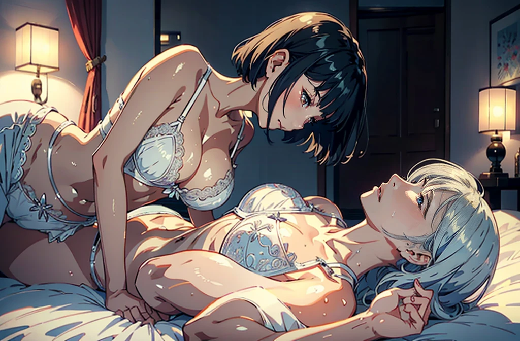 A glittering love hotel,Lying in bed,Japanese woman with her arm around another woman, seductive woman, 4k manga wallpaper, Gwaites style artwork, Anime Art Wallpaper 4K, anime art wallpaper 4k, anime art wallpaper 8k, Beautiful attractive woman in white underwear posing, Lying Japanese woman with bob cut, wicked smile, A Japanese woman blushing and looking away, random pose,Japanese women 2 people,Real young gravure idol, Young and beautiful gravure idol, 8K)), 若いsensualグラビアアイドル, Wet, shiny skin!!, shiny silver, ((beautiful skin)),((skin texture)),((Real Touch)), healthy,ruddy skin, beautiful clavicle, ((Embellished Detail Bra,sensual)),