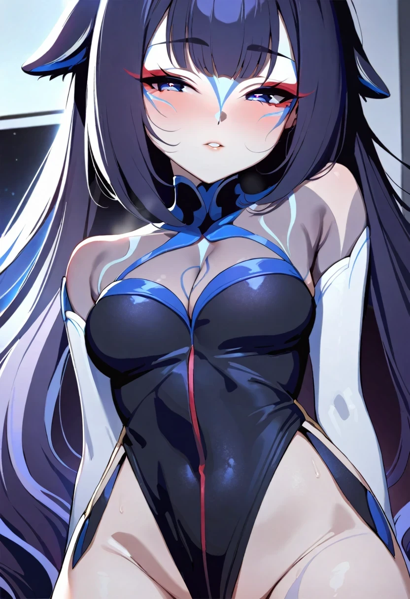 ((shylily)),(masterpiece:1.2),(best quality:1.2),top-quality、masutepiece、2 Masterpiece Girls、red blush、Red cheekine makeup、Yandere Imageormal attire in black、dark circles under the eyes、《Nice and clean room.》