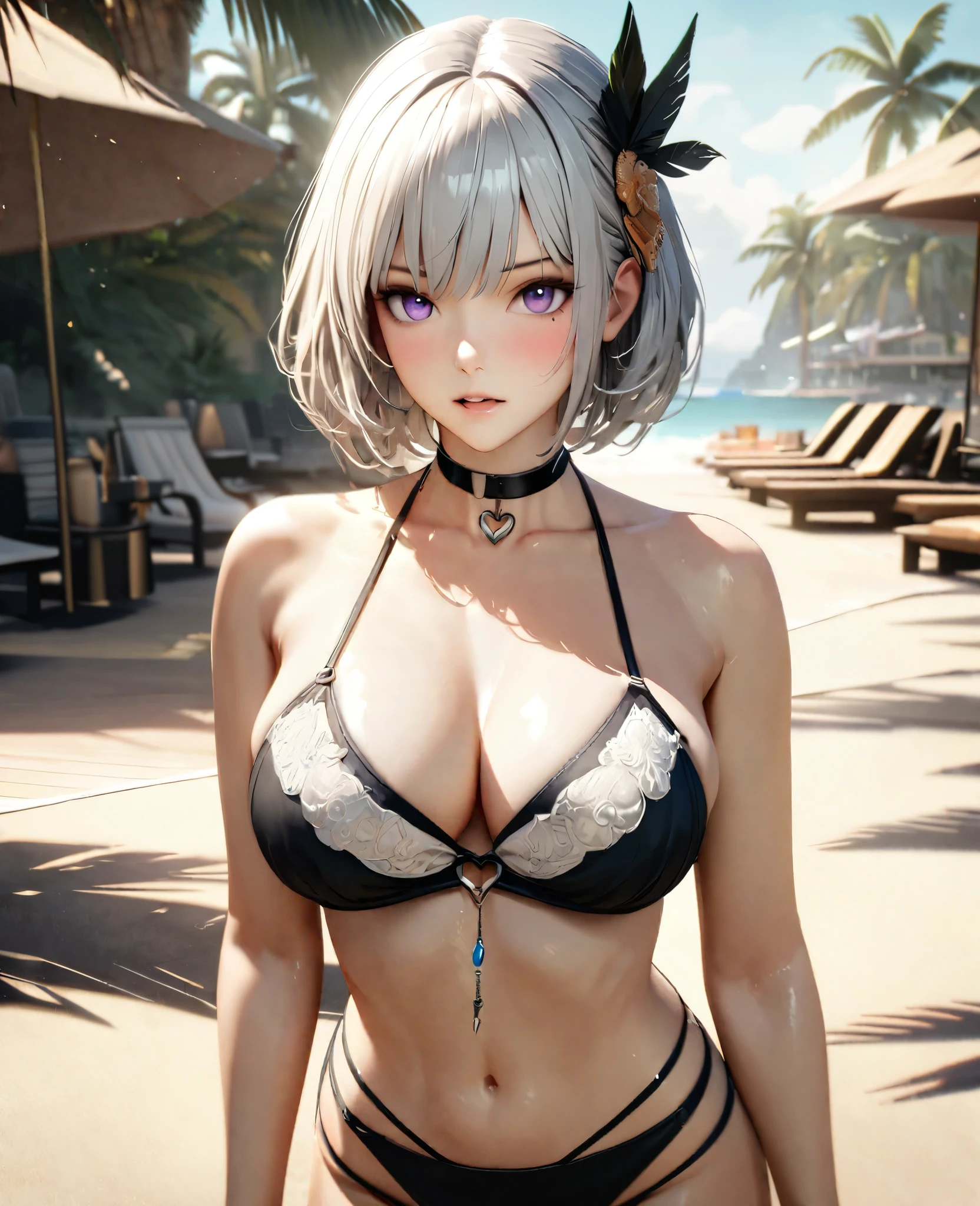 Masterpiece, Best Quality, Super Detailed, High Definition, Expensive Resolution, HDR, 4k, 8K, Unity 8k Wallpaper, Super Detailed CG, Masterpiece, Realistic, 2D, 3D, Beautiful Details, Depth, Fine Texture, Super Fine: 1.3, Full concentration, crispy skin, him, very cute anime girl, bikini, expensive silver short hair, one girl, palm tree, seaside, silver short hair, bikini,Big breasts, full body, mole under the eye, glance, expensive, blush, parted lips, hair ornament, heart, purple eyes, choker