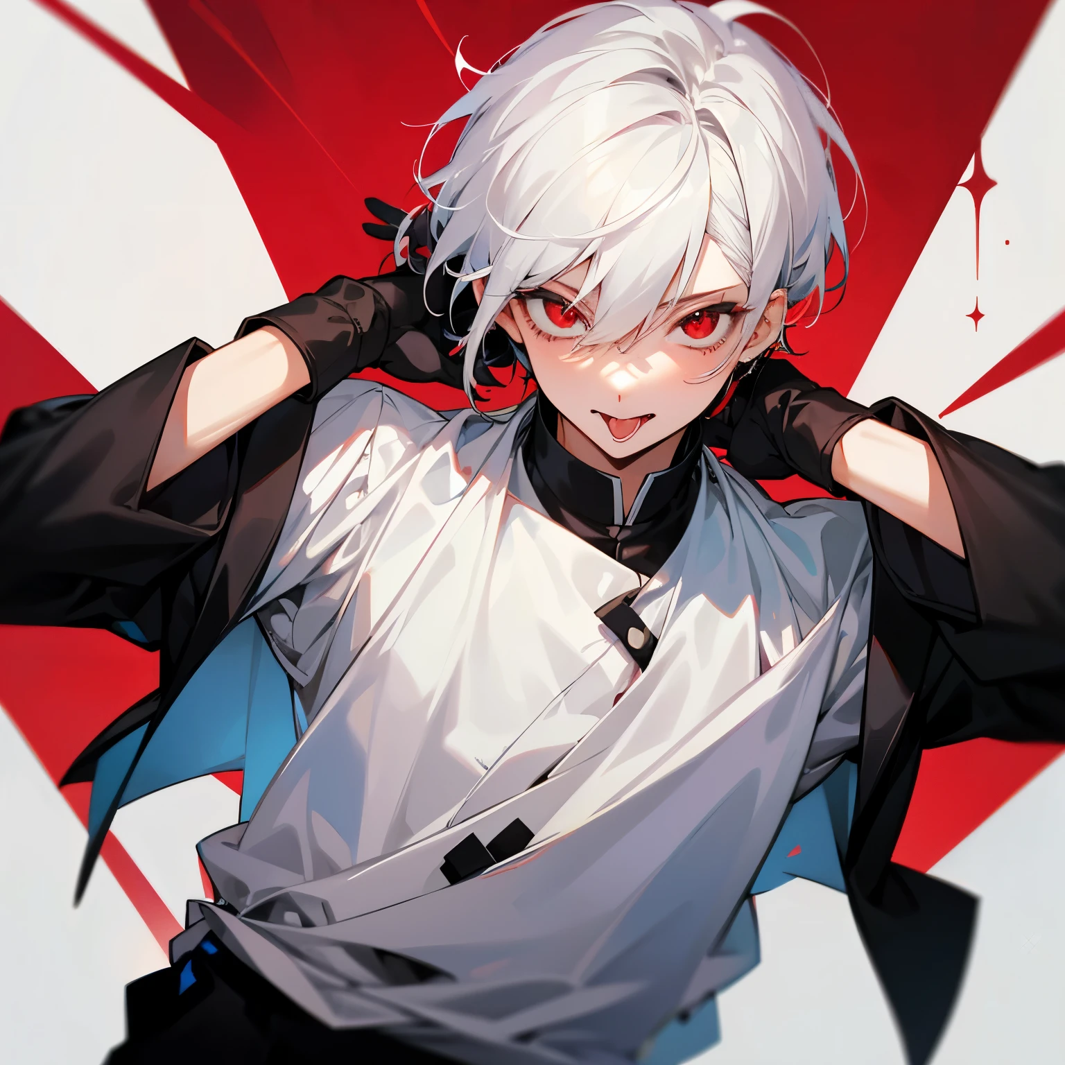 Perfect, one young men, white hair, red eyes, black clothes, sticking out his tongue in a flirty way, hands on his pocket