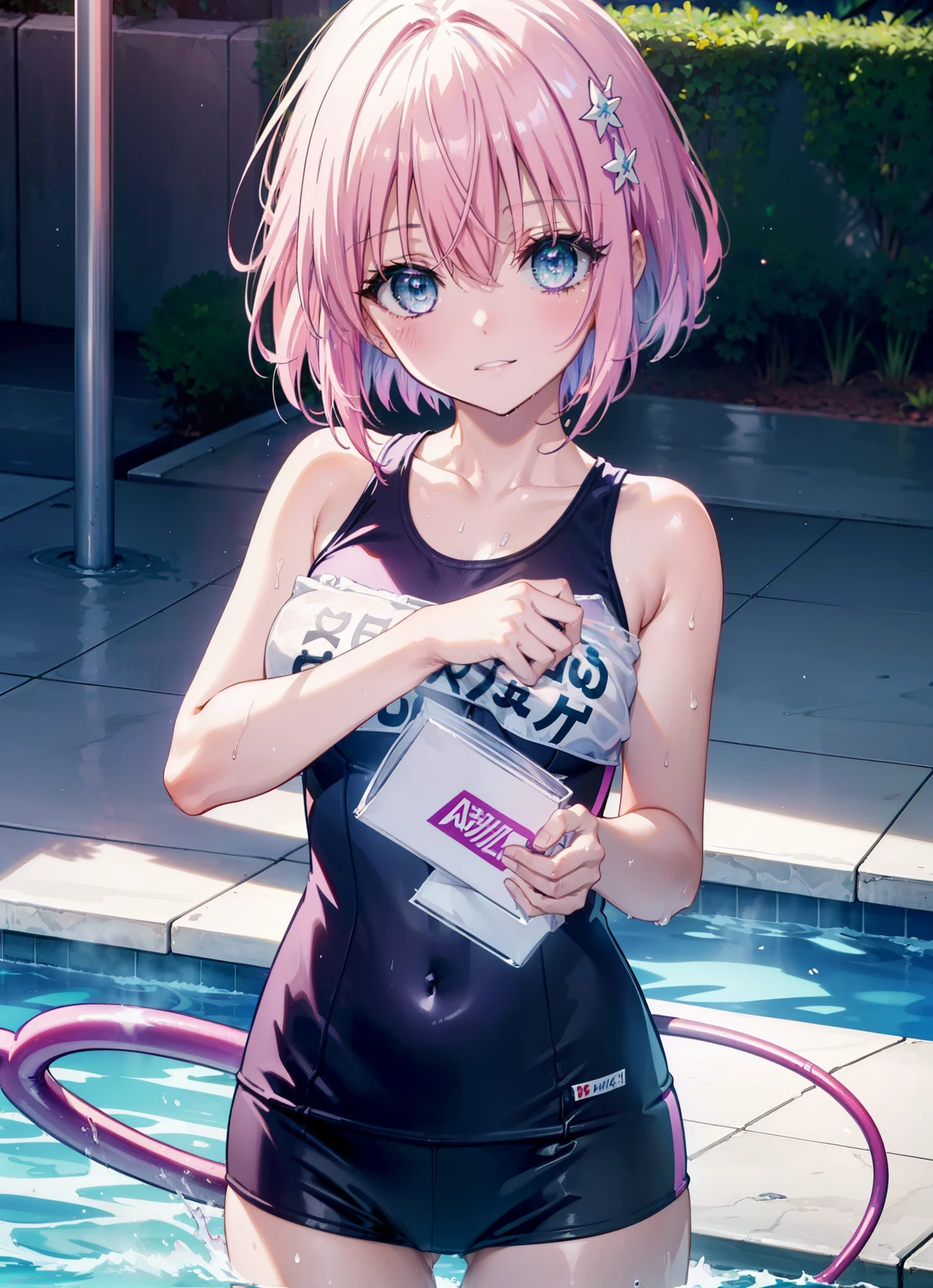 momomodel buildinguke, Deviluke type, demon tail, hair flower, hair ornaments, (purple eyes:1.1), pink hair, short hair, tail, smile,happy smile, smile, open your mouth,
break demon tail, green , school swimwear,wet hair,wet skin,barefoot,noon,clear sky,
break ourdoors, School　pool,
break looking at viewer, (cowboy shot:1.5),
break (masterpiece:1.2), highest quality, High resolution, unity 8k wallpaper, (shape:0.8), (beautiful detailed eyes:1.6), extremely detailed face, perfect lighting, extremely detailed CG, (perfect hands, perfect anatomy),