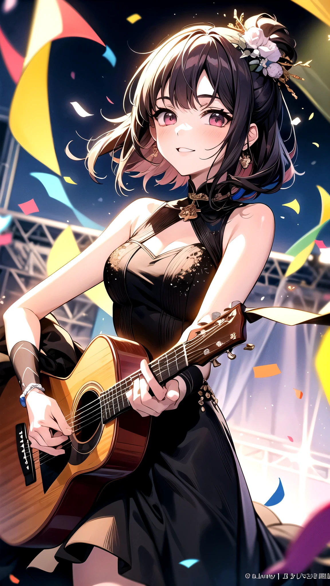 Idol girl in a dress dancing on stage with confetti, Holding an acoustic guitar in one hand., Photo credit：Camagurkha, Pixiv contest winners, conceptual art, Nightcore, splash art anime , glitter magical girl, Best Anime 4K Kona-chan Wallpaper, anime moe art style, Detailed anime original drawing, official artwork, Idol Master, cute, cute in dress