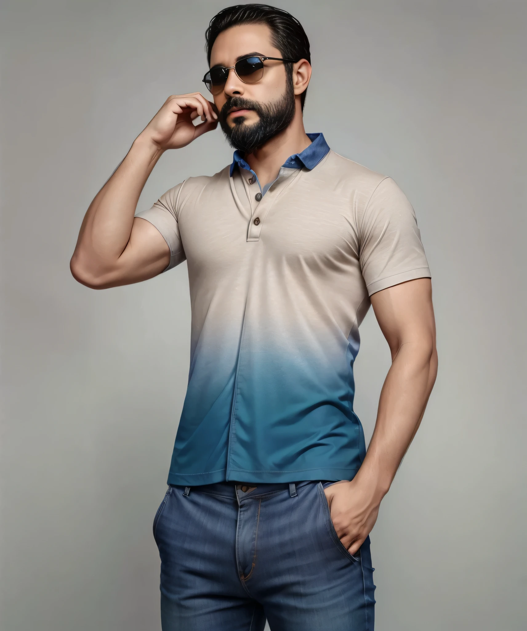 Obra maestra, desenfoque de campo, Parte superior del cuerpo, Hands in pants pockets, 38 year old man with beard and square sunglasses. Man wearing a shirt with a color gradient in the space movie with the BigBang in the background.