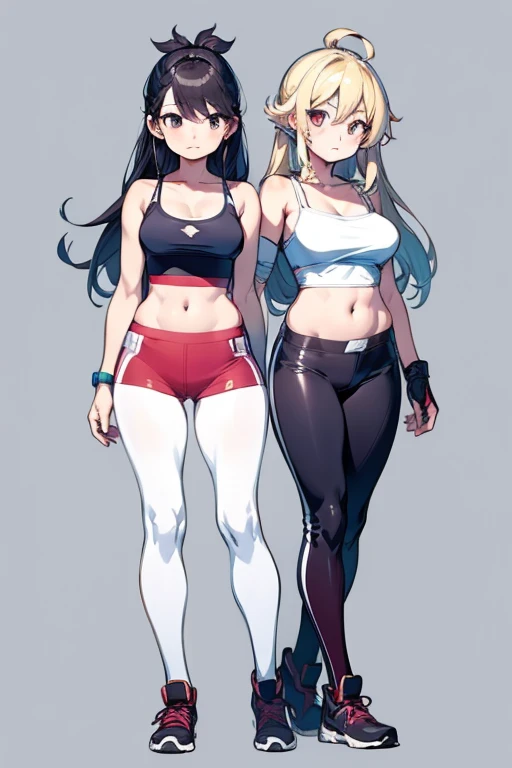 arms at sides,tachi-e,standing,full body,concept art,white background,simple background,anime,2girl,masterpiece,Awards,high quality,High resolution,HD,4K,8K,high quality,(Medium breasts:1.2),camisole,Crop tops,