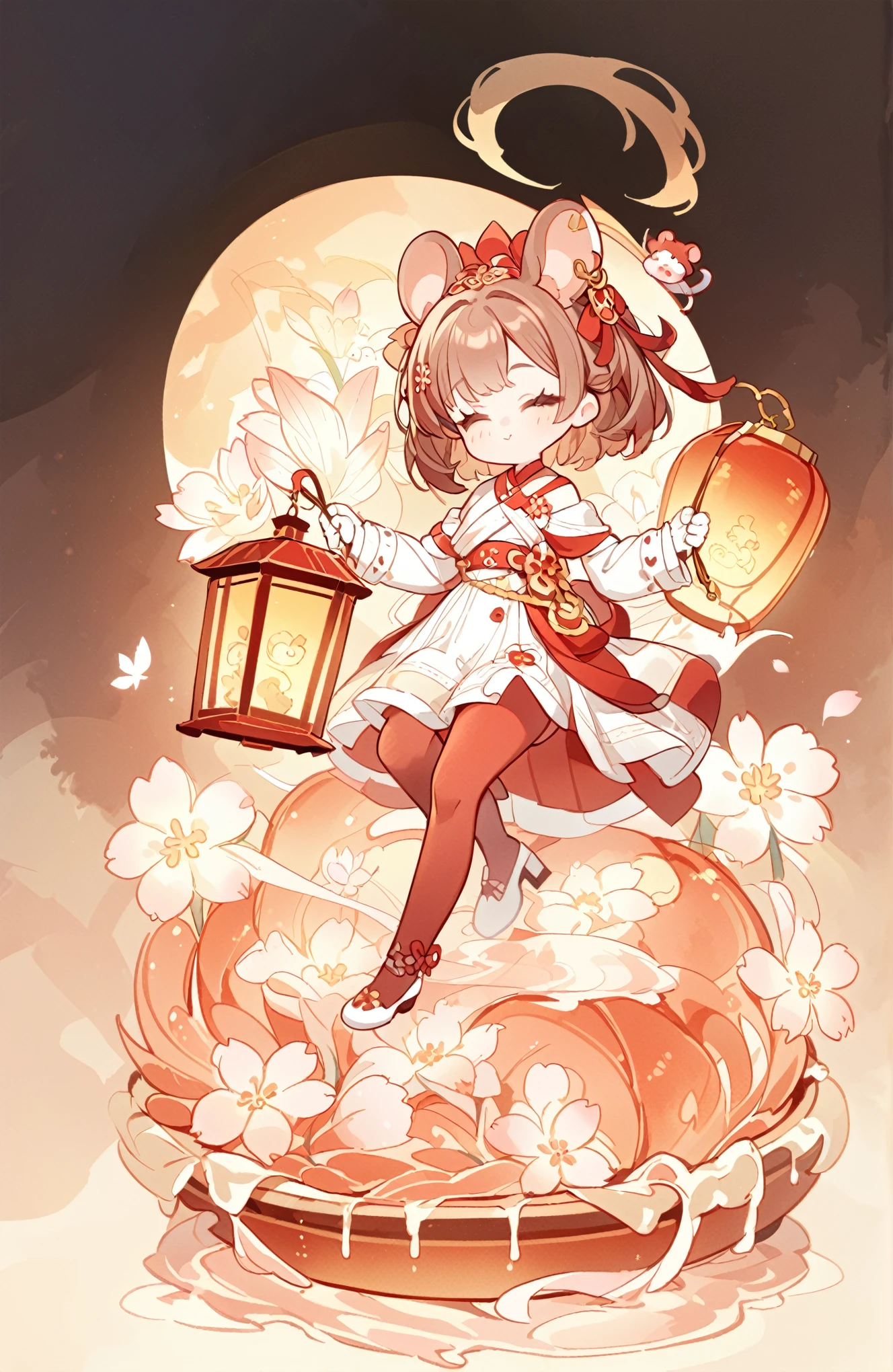 holding lantern，super high quality，Depth of detail，Q version three-headed body、Mouse ears，transparent watercolor、girl、Beautiful arrangement and theme、Writing limit depth、Flat avatar, 1girl, （short brown hair）， hair tip white,Fashionable design clothing(red and white)),background white、 可爱的girl, modest dress, Sakura pantyhose