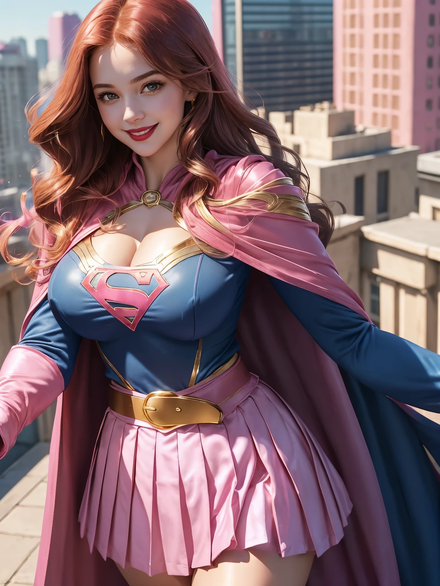 Supergirl, 24 years old, Beautiful woman very long curly auburn hair, defined body, big breasts, big breasts, big breasts, Red lipstick, smiling slightly, hands free, Parading, (( blue top, long sleeve, pink trim, gold belt, pink flowing cape, pleated pink skirt of supergirl)), rooftop city day, (curvy:1.2)