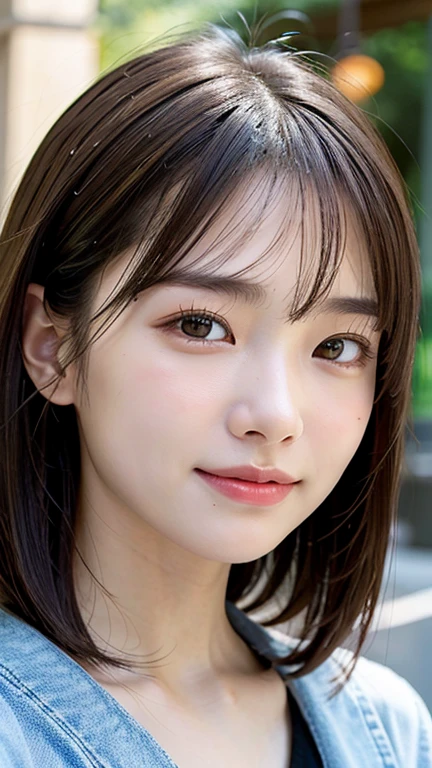 With the alleys of Kyoto in the background、18 year old girl、independent、facing forward、Light eye makeup、brown hair color、Flat 、hair blowing in the wind、quality of actress、shiny, super realistic face、smileの表情、Moist eyes、look up、calming lighting effect、 ultra-realistic capture、very detailed、High resolution 16K close-up of human skin。Skin texture must be natural、Must be detailed enough to see pores、skin is healthy、Must be even tone、Use natural light and color、High quality photos taken by a modeling agency&#39;Exclusive photographer、smile