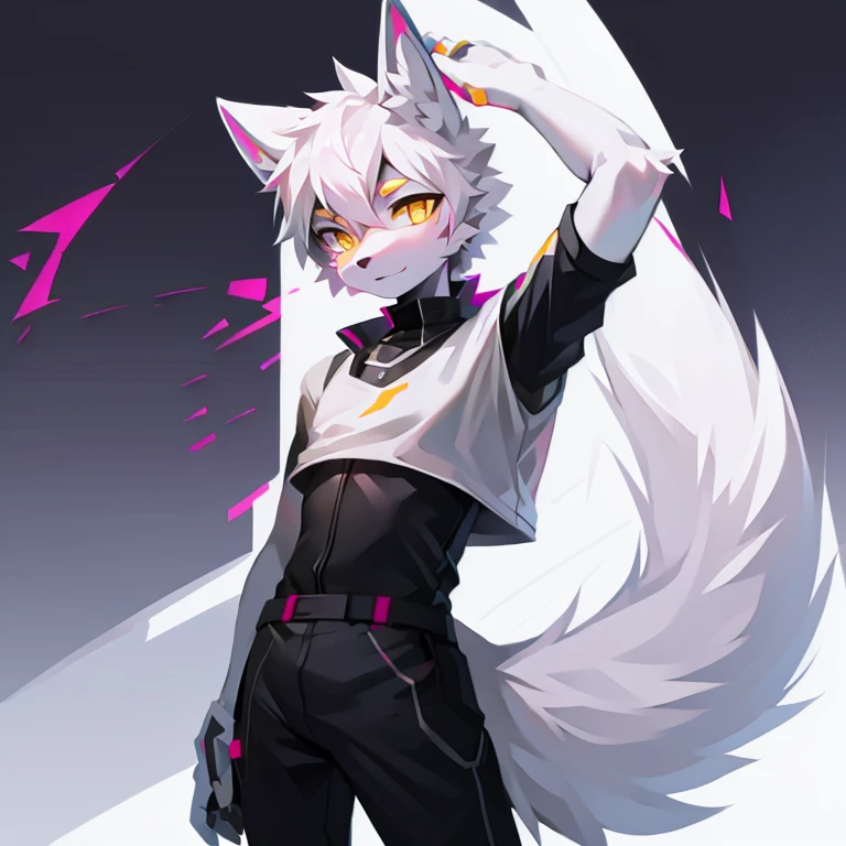 cyber punk perssonage,epcot,Tech style,solo person,White body,White ears,White hair,Overall white,Orange-yellow eyes,Wolf tail,Wolf orcs,Young,Wear a short-sleeved shirt,Ultra-clear screen,Soft lines