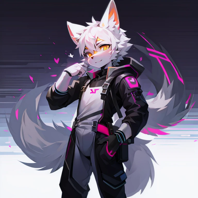 cyber punk perssonage,epcot,Tech style,solo person,White body,White ears,White hair,Overall white,Orange-yellow eyes,Wolf tail,Wolf orcs,Young,Wear a short-sleeved shirt,Ultra-clear screen,Soft lines
