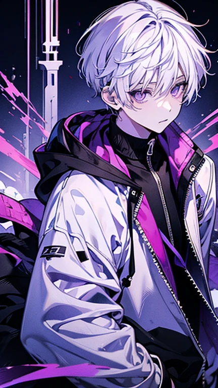 anime　Undercut white hair　juvenile　black hoodie　　No expression　　purple eyes　long term　Cheerful image　whole body　　　