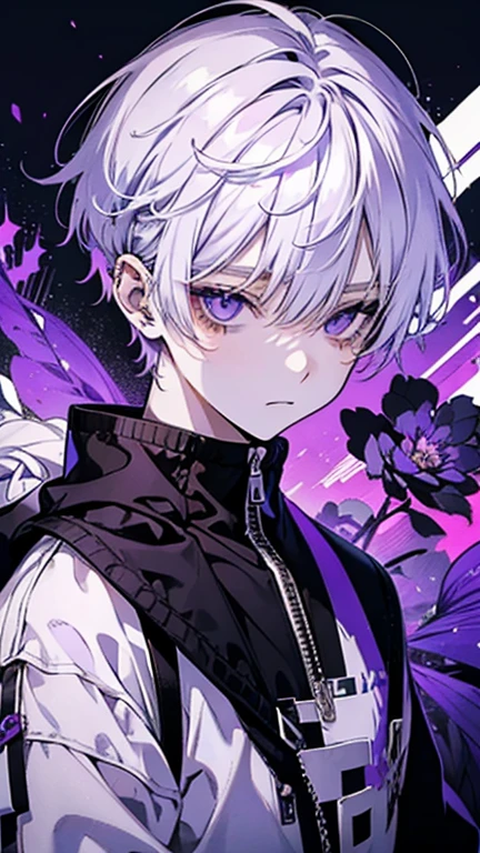 anime　Undercut white hair　juvenile　black hoodie　　No expression　　purple eyes　long term　Cheerful image　whole body　　　