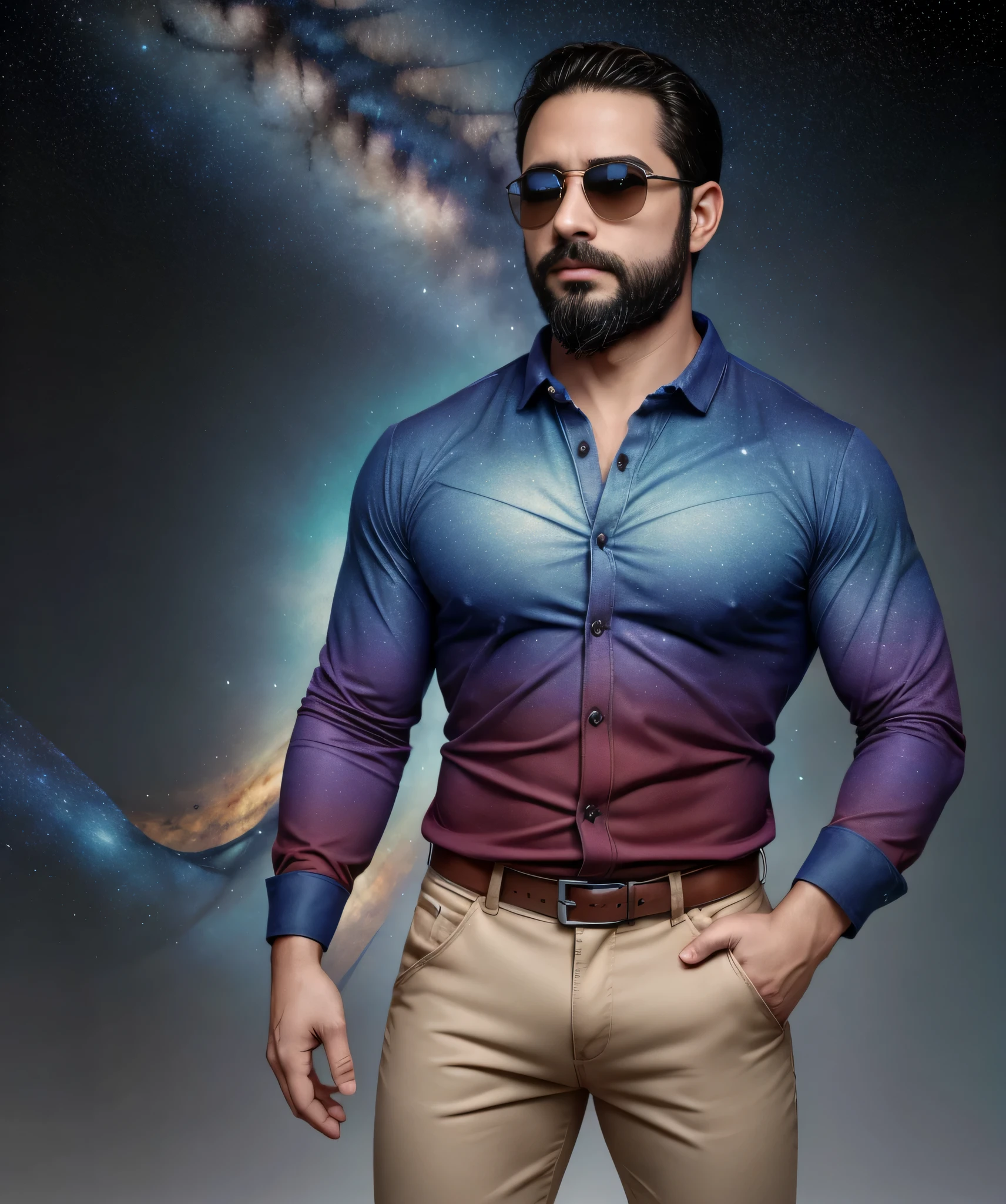 Obra maestra, desenfoque de campo, Parte superior del cuerpo, Hands in pants pockets, 38 year old man with beard and square sunglasses. Man wearing a shirt with a color gradient in the space movie with a star a Galaxy in the background.