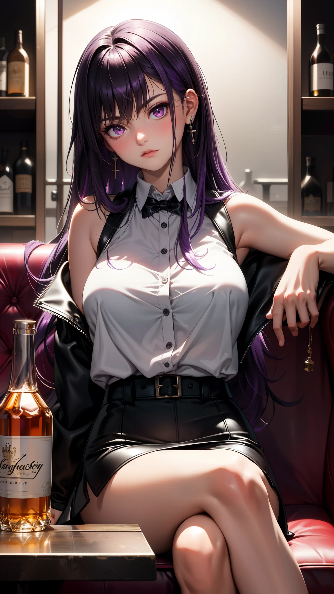 (best quality:1.1), (Masterpiece:1.2), High quality shadow, beautiful details, Beautiful face, Detailed eyes, depth of field, high resolution, best shadow, best light, 1 girl, see the audience, shiny purple hair, smooth, blunt, long hair, ruby pink eyes, shy, Very big breasts, pump, (White singlet), (black leather jacket), black leather skirt, table, glass, liquor bottle, night time, rift, Lonely eyes, pub bar background, sexy woman, cold, pov, Cool Woman ,ear jewelry, cross-legged sitting, sofa, (sullen), A few teeth are visible., big thighs