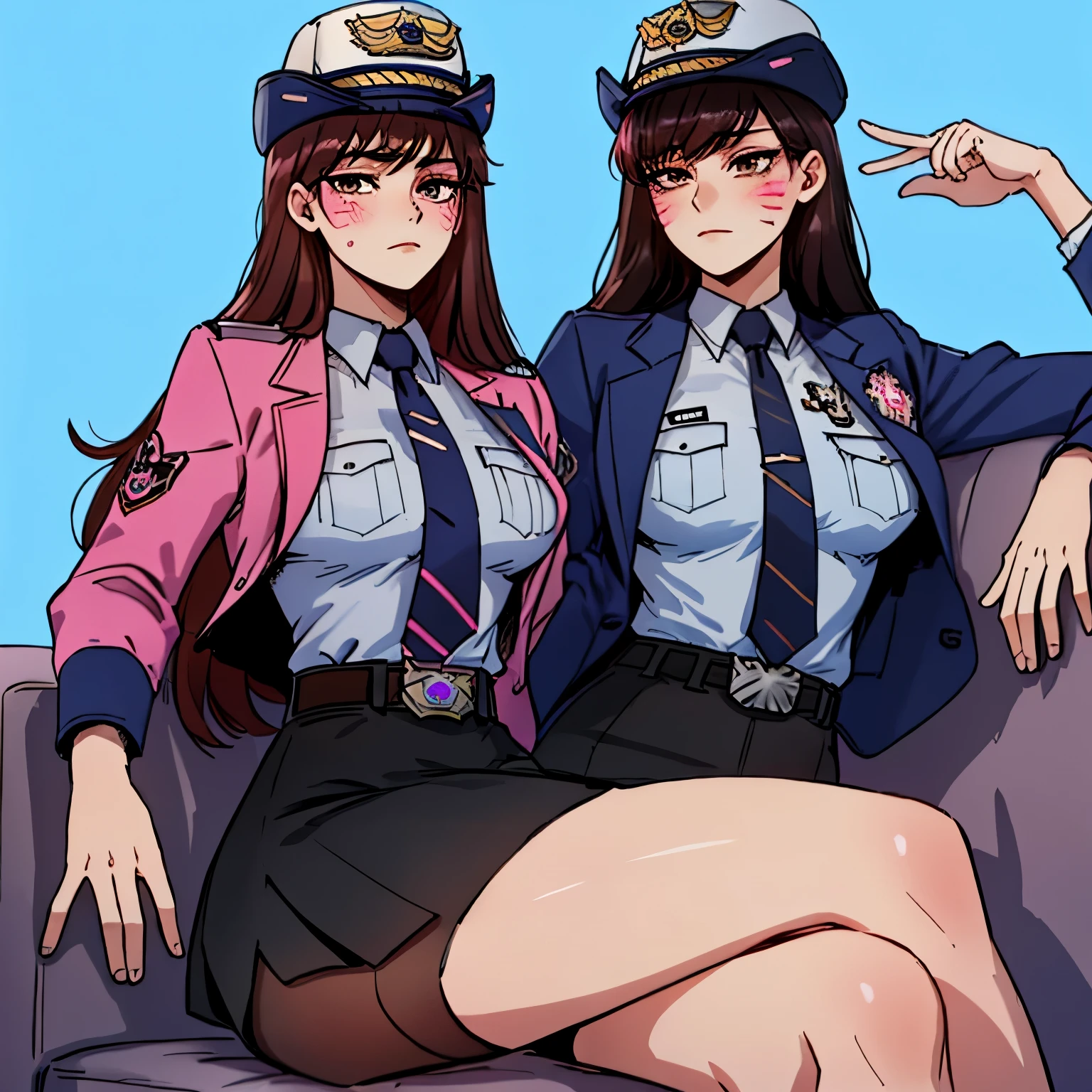 (detailed blue background), masterpiece, Best quality, Officer_two, Female_service_cap, brown_eyes, pink_facial treatment_mark, above the waist, (((fitted miniskirt))), belt, Tie clip, tucked into shirt, (((blazer))), (((blazer))), sitting in the armchair, crossed legs,