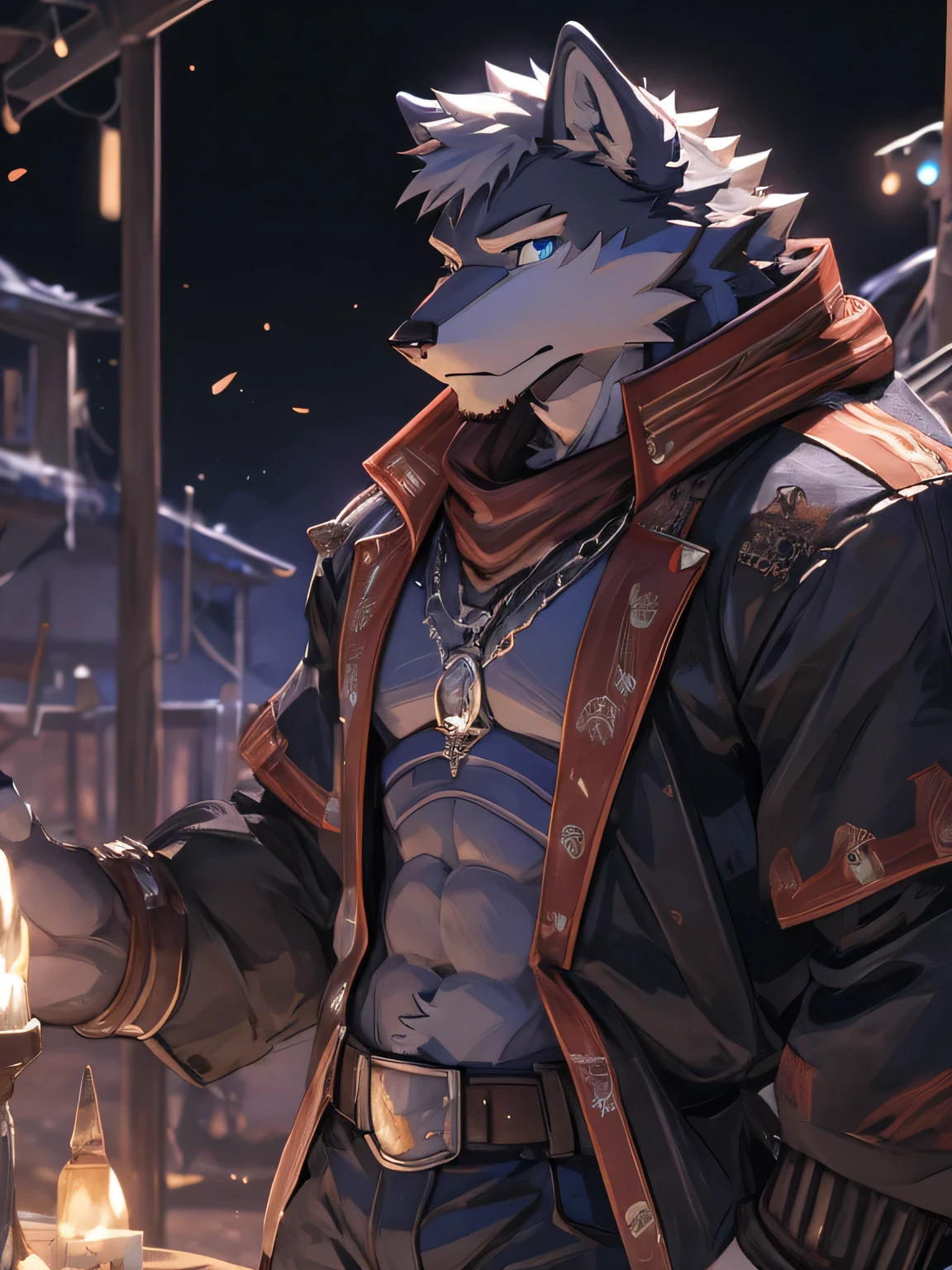 male， muscular，Wolf，only，The upper body is unclothed，Wearing light blue jeans，The background is the beach，big muscles，sit on the chair，high quality，high detail，8K，All white，Light blue pupils，gray hair