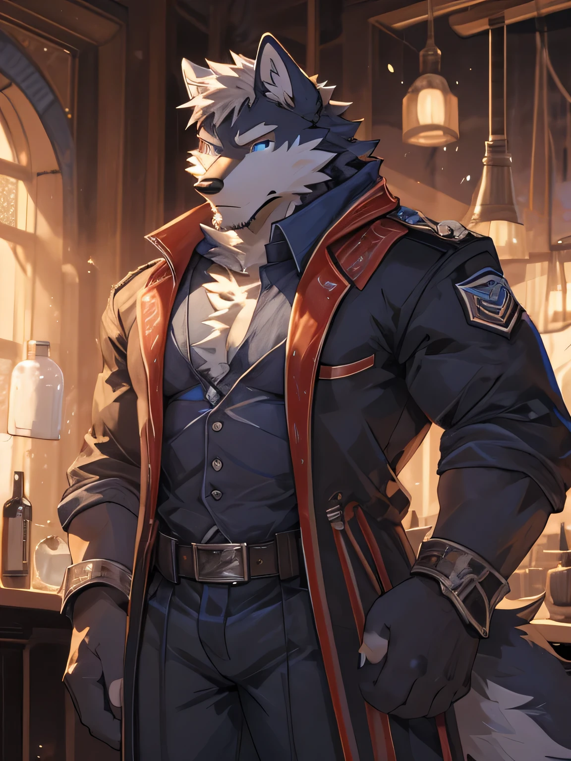 male, muscular,Wolf,only,The upper body is unclothed,Wearing light blue jeans,The background is the beach,big muscles,sit on the chair,high quality,high detail,8K,All white,Light blue pupils,gray hair