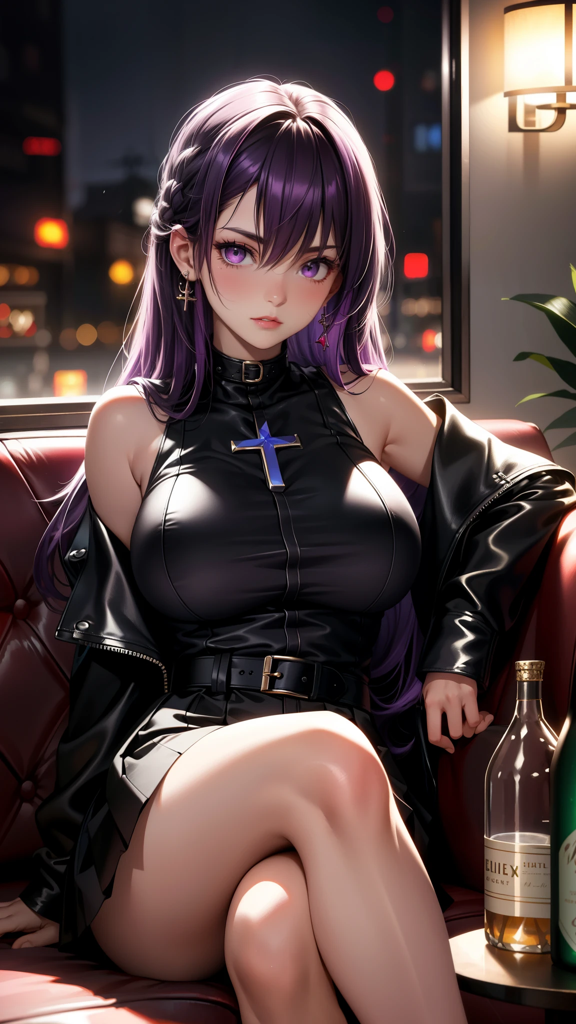 (best quality:1.1), (Masterpiece:1.2), High quality shadow, beautiful details, Beautiful face, Detailed eyes, depth of field, high resolution, best shadow, best light, 1 girl, see the audience, shiny purple hair, smooth, blunt, long hair, ruby pink eyes, shy, Very big breasts, pump, (White singlet), (black leather jacket), black leather skirt, table, glass, liquor bottle, night time, rift, Lonely eyes, pub bar background, sexy woman, cold, pov, Cool Woman ,ear jewelry, cross-legged sitting, sofa, (sullen), A few teeth are visible., big thighs