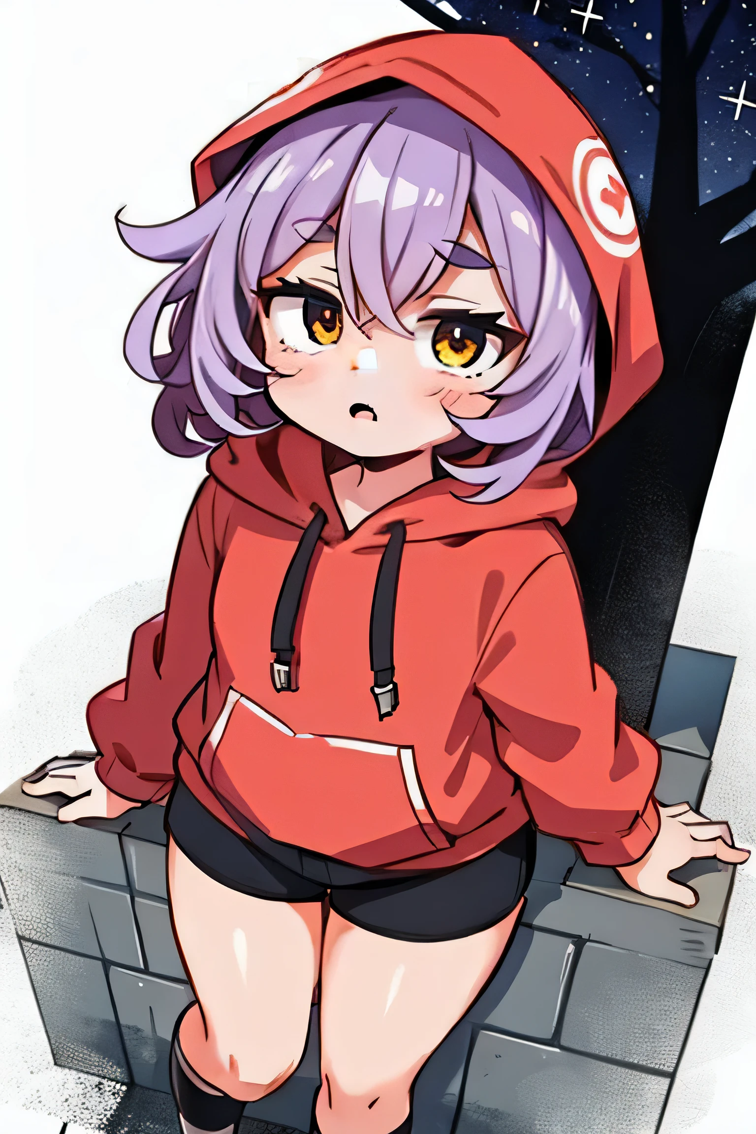 ultra high resolution, Super detailed, highest quality, perfect hands, Super cute, super beautiful, (((Single shot))), ((((Very large tree eyes)))), ((stare at me with big eyes)), ((shining yellow eyes)), ((cheek bulge)), chubby face, (((light purple messy hair))), ((Medium short wavy hair)), thick and short eyebrows, ((Wearing black shorts and a red hoodie with the hood up)), look up, (((Bring your face closer))), ((introverted personality)), Mouth open and panicked expression, ((((thighs!!!!!!)))), (((thick legs))), ((Emphasis calf)), Leaning against the wall, turning around, ((Station Square at Night)), Return from shopping, Reach into your hoodie pocket, (perspective from above)