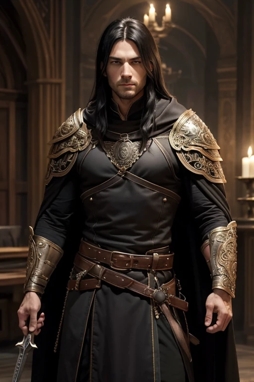 Male human, caucasian, slim, toned, long black hair, hazel-green eyes. Wearing ornate black full-plate armor. A pair of scimitars hang from his belt in ornate sheathes. A furred cloak hangs over his shoulders.