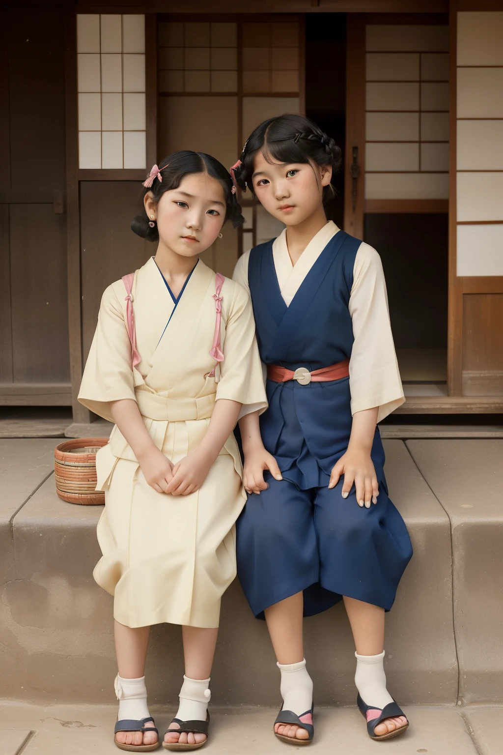 Japan, 1929. A little ((((9--old)ayuri)), strikingly beautiful, delicate facial features, porcelain skin, expressive eyes, in a fishermen village, with her ((((15-yearld)en ol siste ((((japanese poor girl clothings from the 1920s)))), ((hairstyle of the 1920s)), color
