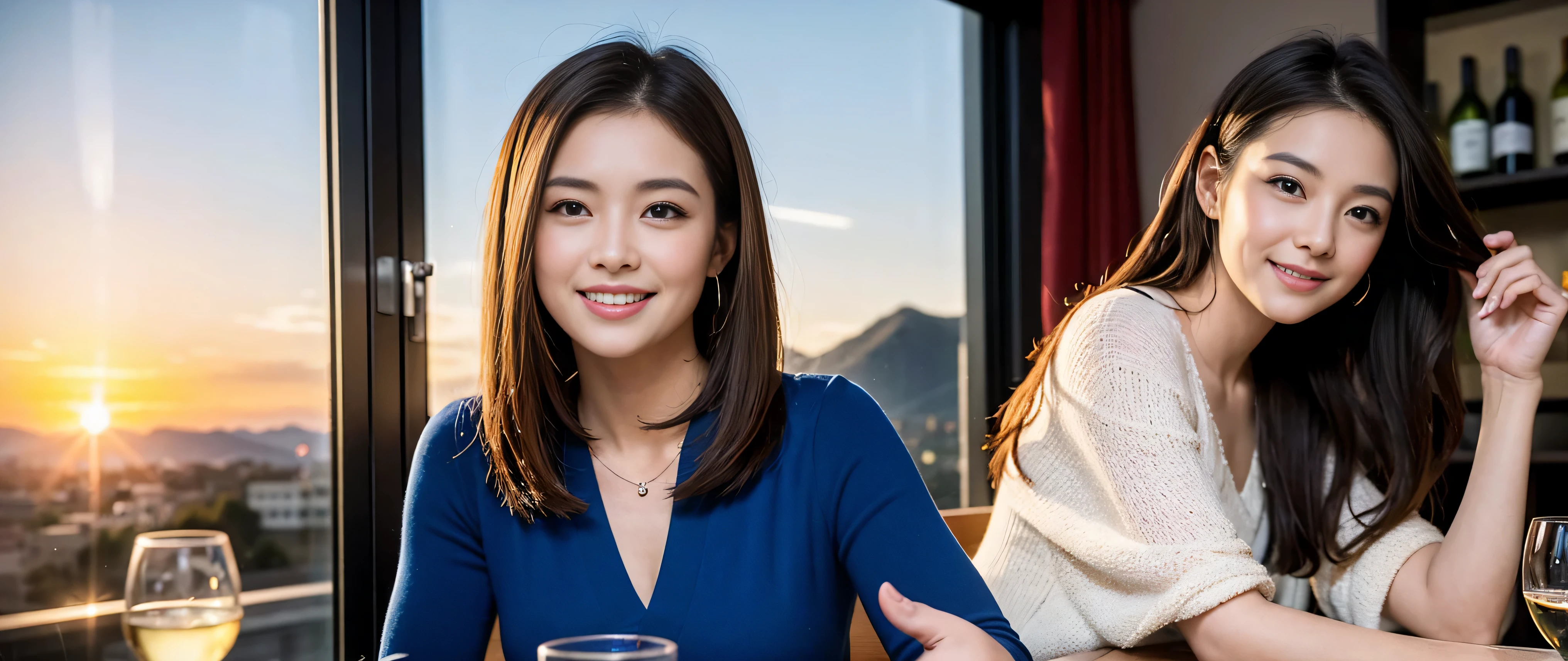((highest quality、8K、masterpiece:1.3))、Beautiful woman perfect body:1.4、Slim body、((Bob Hale、straight hair:1.2))、 ultra high resolution, bright image、2. Wine Beauties, beautiful face, blue eyes, fine eyes, light shines on your face, blush your nose, short hair,Spectacular view of the sunset sky and clouds、Amazing mountain views、A bright smile、A lovely woman with a smile、bright face、Fox face、lady、Champagne、Wine bottle、wine glass、red wine 、Appetizer、Italian food、two beauties、brown hair、shortcut、long sleeve shirt、winter fashion、dress、wine bottle、sparkling wine、Pretty Woman 1, (slim face), (brown hair), (shortcut), cheeks turn a little red, (42 years old), 39 years old, charming beauty、restaurant, nova frog style, actress, model, Upper body, White wine, slim, wine glass, wine glass placed in the middle, smile, (smile: 1.15), beautiful fine eyes, strong light and shadow,moist body:1.5、delicate eyes、brown hair、The hair is very shiny、