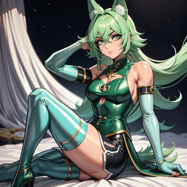 ((Best Quality)), ((Masterpiece)), Full body fishnet tights, see-through, puffy nipple, full body, squatting, eyes are heart, big, angle from below, on chest, on face, on, green hair, lots of jewelry