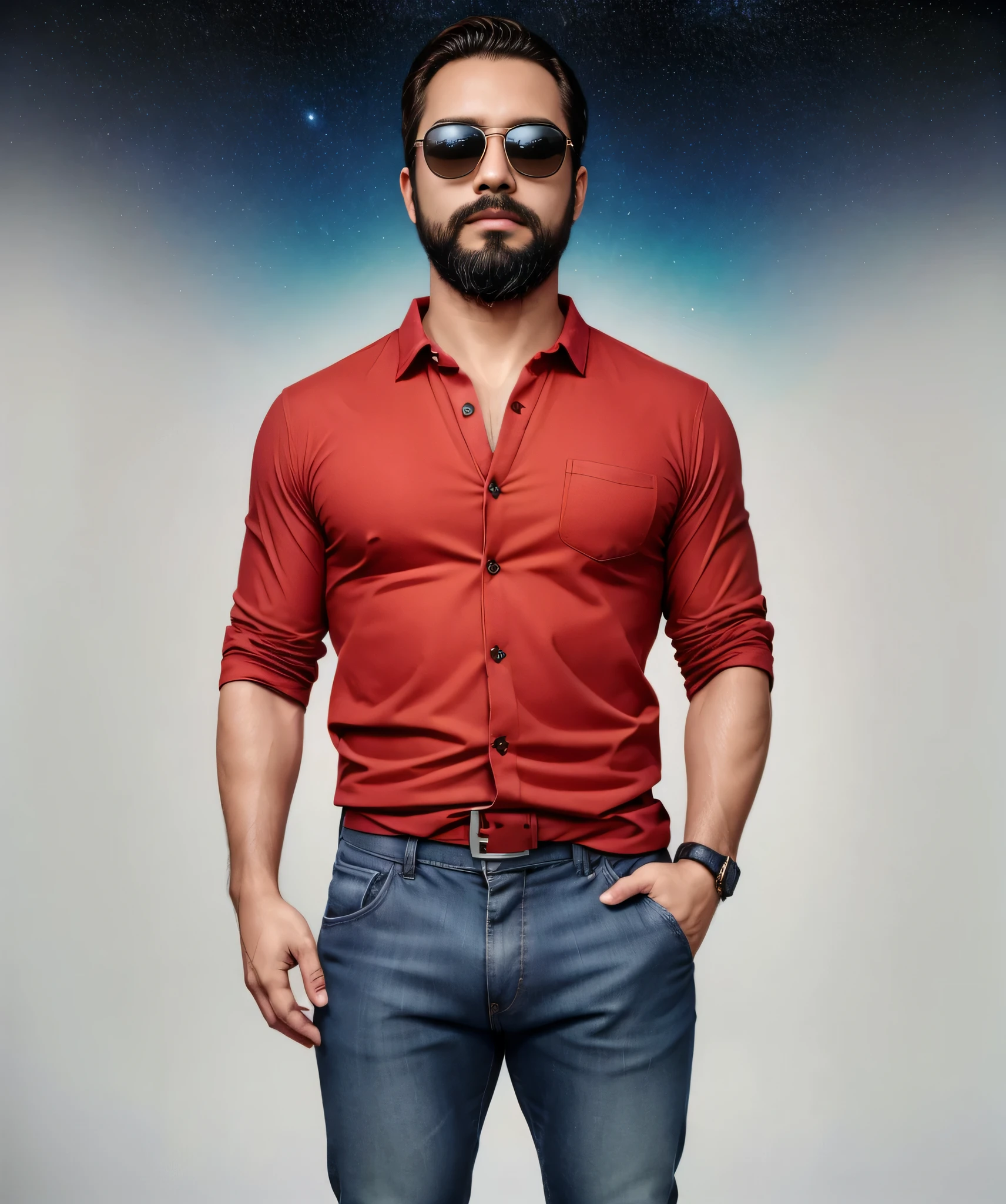 Obra maestra, desenfoque de campo, Parte superior del cuerpo, Hands in pants pockets, 38 year old man with beard and square sunglasses. Man wearing a shirt with a color gradient in the space movie with BigBang in the background.