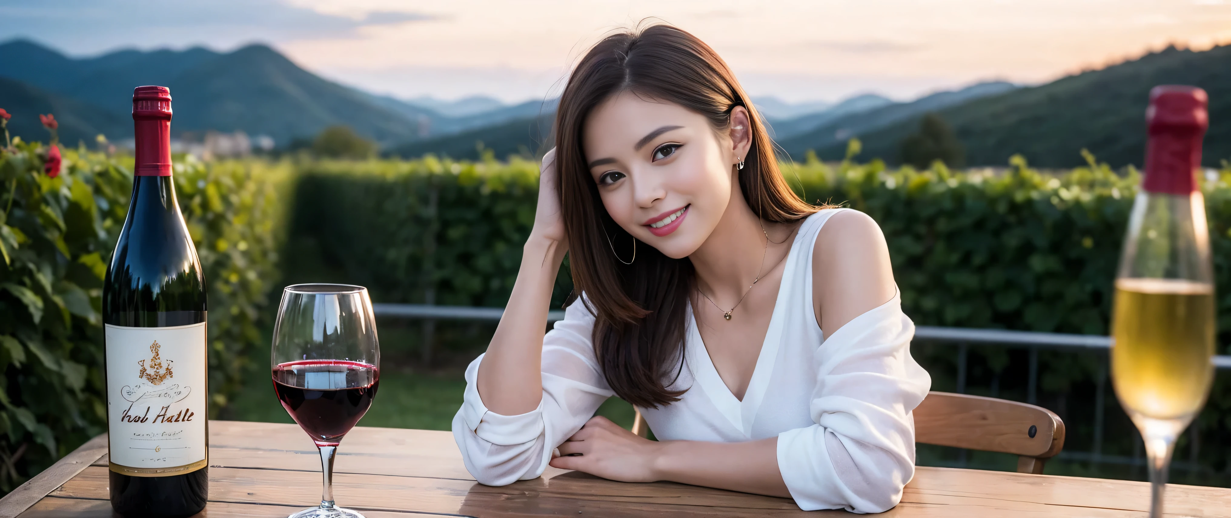 ((highest quality、8K、masterpiece:1.3))、Beautiful woman perfect body:1.4、Slim body、((Bob Hale、straight hair:1.2))、 ultra high resolution, bright image、2. Wine Beauties, beautiful face, blue eyes, fine eyes, light shines on your face, blush your nose, short hair,Spectacular view of the sunset sky and clouds、Amazing mountain views、A bright smile、A lovely woman with a smile、bright face、Fox face、lady、Champagne、Wine bottle、wine glass、red wine 、Appetizer、Italian food、two beauties、brown hair、shortcut、long sleeve shirt、winter fashion、dress、wine bottle、sparkling wine、Pretty Woman 1, (slim face), (brown hair), (shortcut), cheeks turn a little red, (42 years old), 39 years old, charming beauty、restaurant, nova frog style, actress, model, Upper body, White wine, slim, wine glass, wine glass placed in the middle, smile, (smile: 1.15), beautiful fine eyes, strong light and shadow,moist body:1.5、delicate eyes、brown hair、The hair is very shiny、