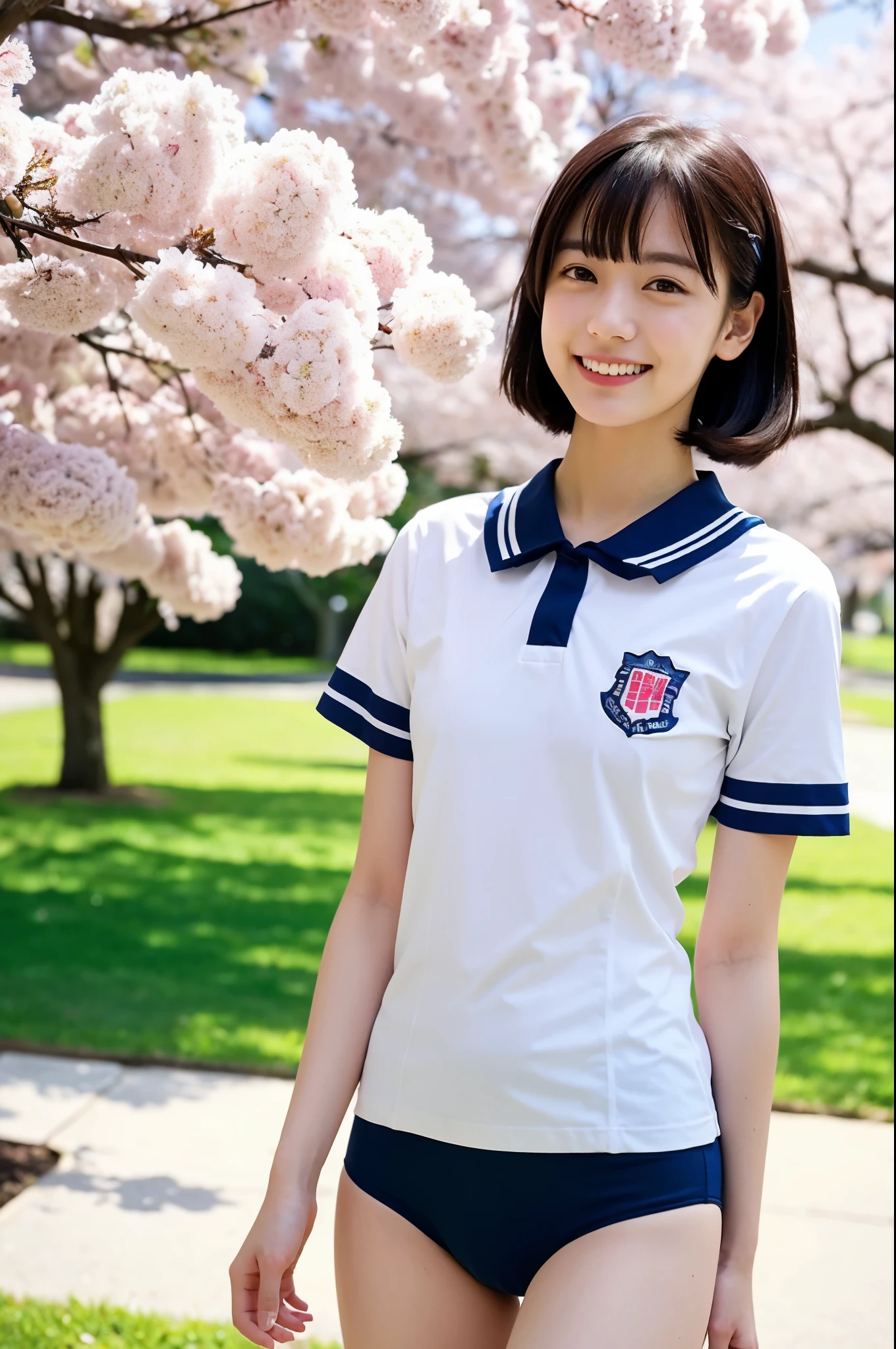 girl walking under cherry blossoms in school yard,short-sleeved white school long t-shirt with blue trim,navy blue speedo briefs,18-year-old,bangs,a little smile,thighs,knees,short hair and low ponytails with barrette,from below,front light