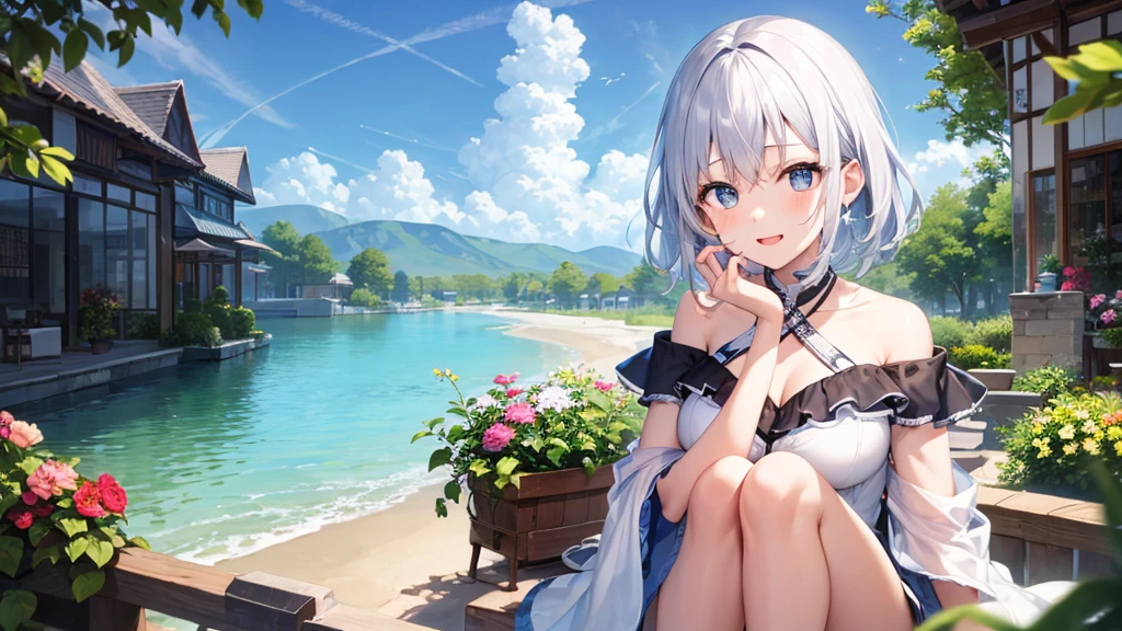 super high quality, girl, 20-year-old, とてもshort hair, long bangs between the eyes, very detailed,(masterpiece、highest quality)、alone、dark grey, silver hair, gray eyes, beautiful eyes,、short hair,blue sky , sunlight,fantasy landscape,smile、I can see your chest、pajamas、inside the room、sleep in bed
