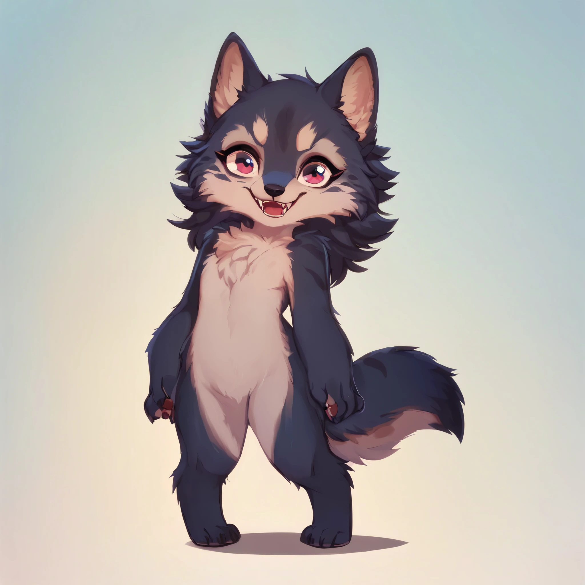 score_9, score_8_up, score_7_up, score_6_up, score_5_up, score_4_up, show accurate, (((full body))), hungry body, simple background, (solo), (semi anthro wolf), female, age wolf, body cub, ((standing)), dark pink eyes, ((dark blue fur)), (ocean blue chest), (blue snout), (ultrafine fur), (neck covered by mane), (fuchsia pink color oni horns), (short and straight hair), (black hair), wolf tail,