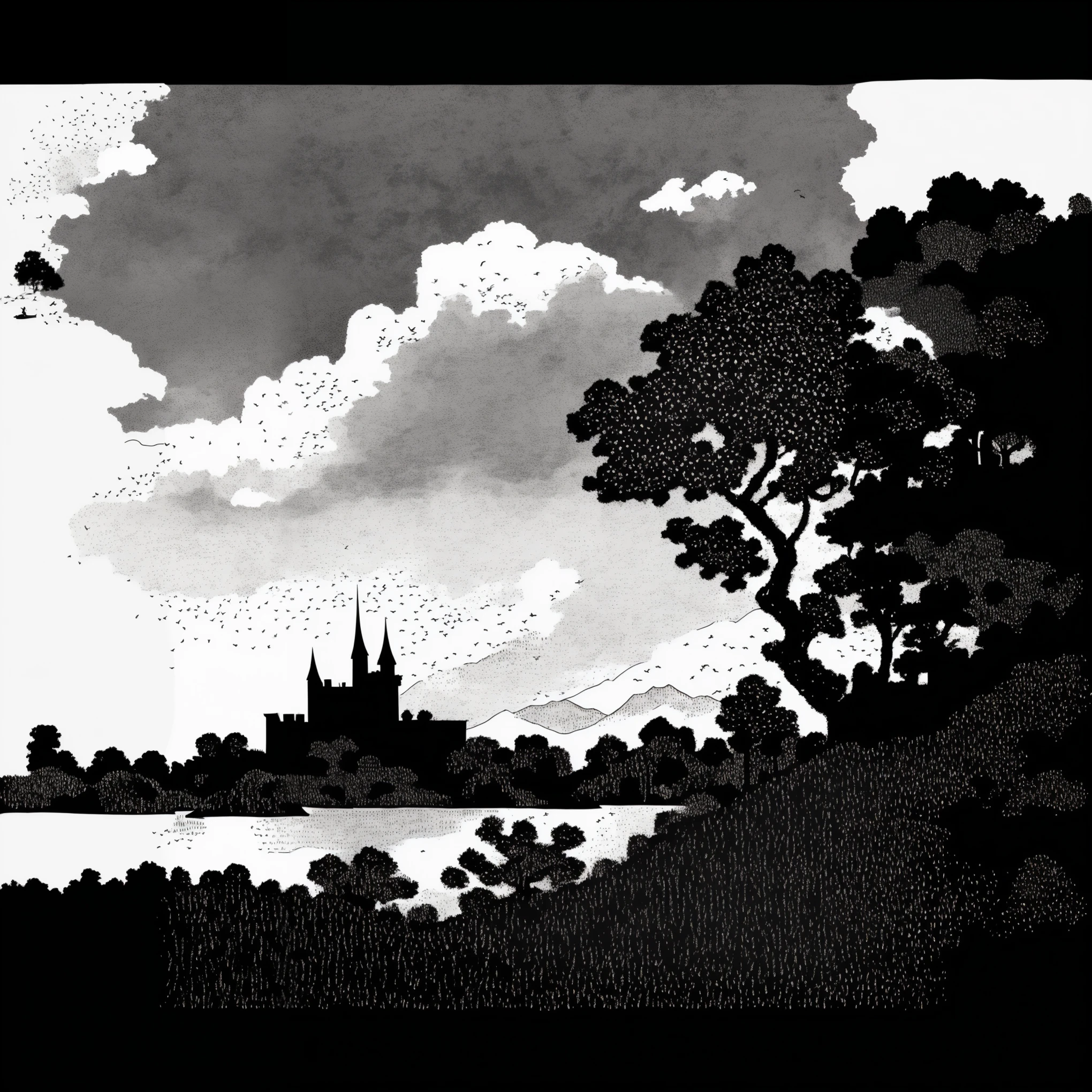 Landscape, hills, black and white vector lineart
