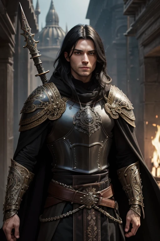 Male human, caucasian, slim, toned, long black hair, hazel-green eyes. Wearing ornate, black, steel full-plate armor. A pair of scimitars hang from his belt in ornate sheathes. A furred cloak hangs over his shoulders.