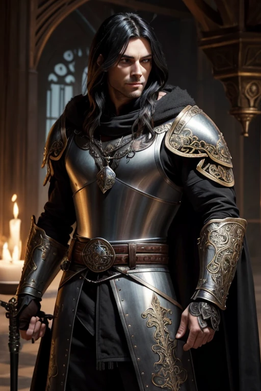 Male human, caucasian, slim, toned, long black hair, hazel-green eyes. Wearing ornate, black, steel full-plate armor. A pair of scimitars hang from his belt in ornate sheathes. A furred cloak hangs over his shoulders.