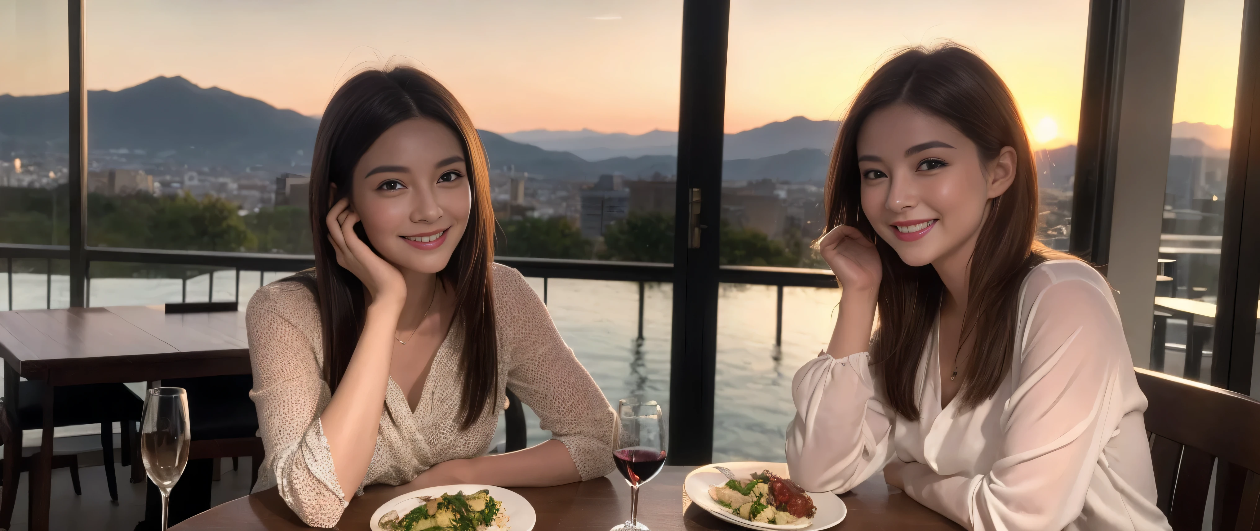 ((highest quality、8K、masterpiece:1.3))、Beautiful woman perfect body:1.4、Slim body、((Bob Hale、straight hair:1.2))、 ultra high resolution, bright image、2. Wine Beauties, beautiful face, blue eyes, fine eyes, light shines on your face, blush your nose, short hair,Spectacular view of the sunset sky and clouds、Amazing mountain views、A bright smile、A lovely woman with a smile、bright face、Fox face、lady、Champagne、Wine bottle、wine glass、red wine 、Appetizer、Italian food、two beauties、brown hair、shortcut、long sleeve shirt、winter fashion、dress、wine bottle、sparkling wine、Pretty Woman 1, (slim face), (brown hair), (shortcut), cheeks turn a little red, (42 years old), 39 years old, charming beauty、restaurant, nova frog style, actress, model, Upper body, White wine, slim, wine glass, wine glass placed in the middle, smile, (smile: 1.15), beautiful fine eyes, strong light and shadow,moist body:1.5、delicate eyes、brown hair、The hair is very shiny、