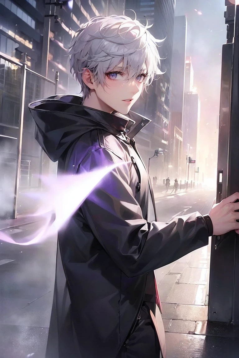 (4K works、(最high quality)、((City of night))、((In front of the main gate of the workplace))、((In front of the main gate of the building))、sunset view、adult male、((adult male 26 years old))、Cheerful man、expensive、((smiling face))、((Strong Eyes))、((He is wearing a white T-shirt and a black hooded jacket..、Wearing black trousers))、((face becomes smaller))、because I'thin、((hooligan))、((white hair))、((White short-haired))、((purple eyes))、((Photographed from a side angle))、((shot alone))、((solo photo))、((Stand in front of the main gate))8K, High resolution, realistic, high quality, masterpiece, Character from a low angle, Display the area under your feet, Wearing a black coat and carrying a gun, City background with skyscrapers, Dusk or dawn time