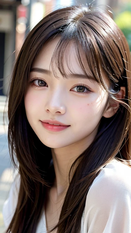 With the alleys of Kyoto in the background、18 year old girl、independent、facing forward、Light eye makeup、brown hair color、Flat 、hair blowing in the wind、quality of actress、shiny, super realistic face、smileの表情、Moist eyes、look up、calming lighting effect、 ultra-realistic capture、very detailed、High resolution 16K close-up of human skin。Skin texture must be natural、Must be detailed enough to see pores、skin is healthy、Must be even tone、Use natural light and color、High quality photos taken by a modeling agency&#39;Exclusive photographer、smile