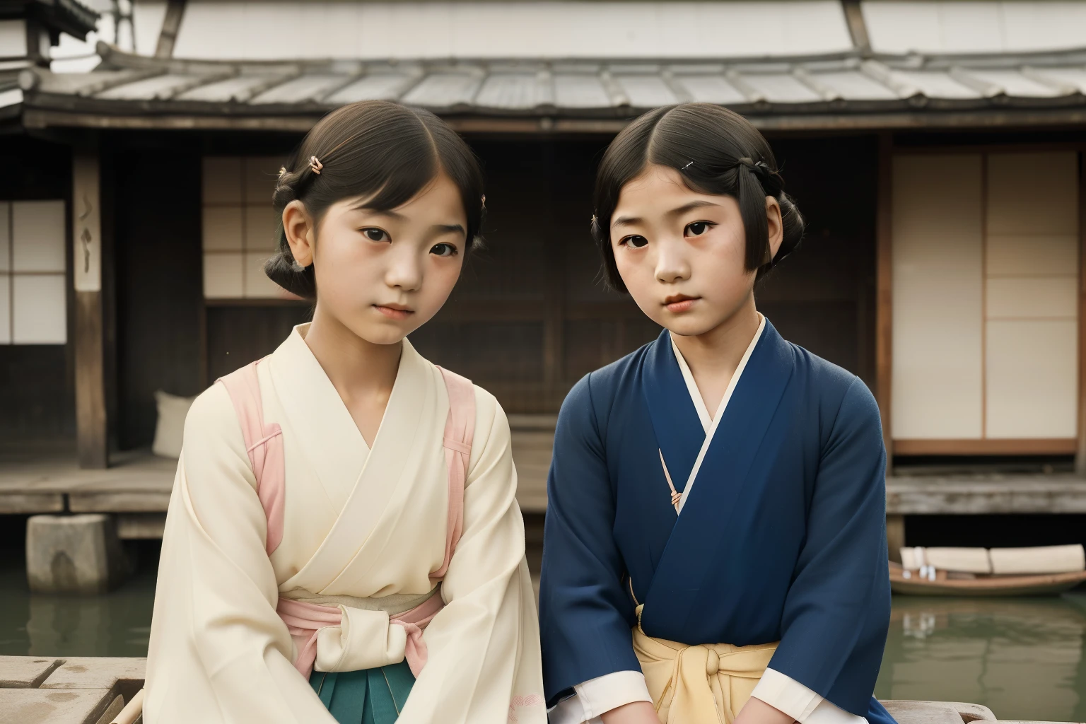 Japan, 1929. A little ((((9-year-old)) Sayuri)), strikingly beautiful, delicate facial features, porcelain skin, expressive eyes, in a fishermen village, with her ((((15-year-old)) teen older sister)), ((((japanese poor girl clothings from the 1920s)))), ((hairstyle of the 1920s)), color