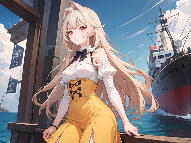 anime girl with red eyes standing in front of a ship in the ocean, arte de anime digital detallado, fondo de pantalla de arte anime 8k, fondo de pantalla de arte anime 4k, fondo de pantalla de arte animado 4k, anime fantasy illustration, anime fantasy illustrations, estilo anime 4k, hermosa doncella, hermosas ilustraciones de anime, Fondo de pantalla animado 4k, Fondo de pantalla manga 4k, Arte detallado de alta calidad 8k