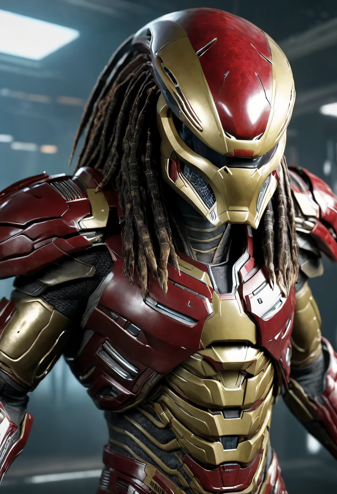 alien predator wearing ironman suit clothing, solo, male, sharp teeth, upper body, looking at viewer, photorealistic, 8k, unreal engine, inspired by HR Giger, half body portrait, highly detailed,