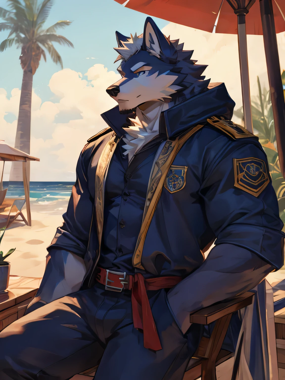 male, muscular,Wolf,only,The upper body is unclothed,Wearing light blue jeans,The background is the beach,big muscles,sit on the chair,high quality,high detail,8K,All white,Light blue pupils,gray hair