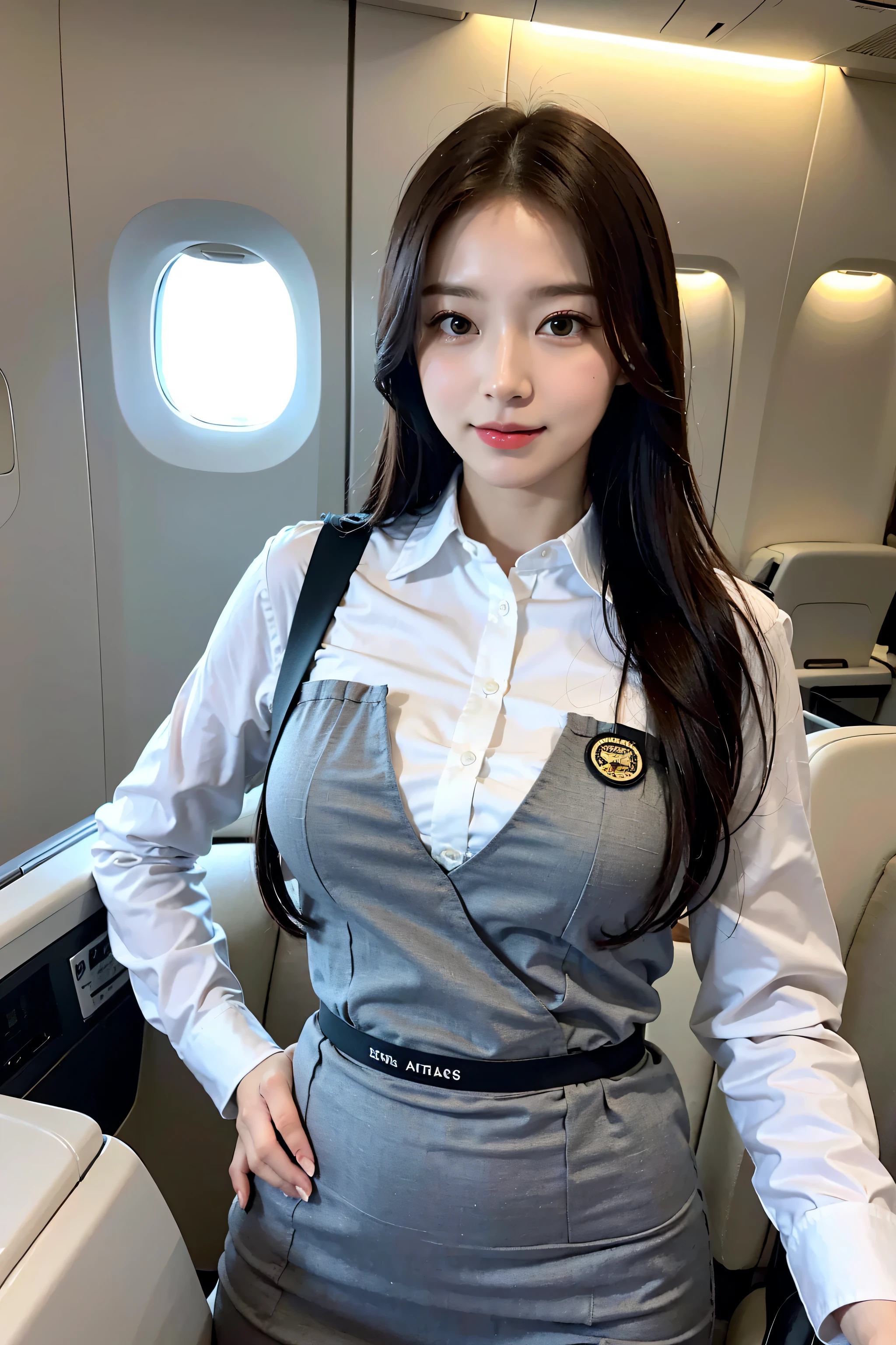 highest quality, masterpiece, 8K, ultra high resolution, (realistic: 1.4), 1 girl, beautiful face, symmetrical eyes, big, perfect body proportions, stewardess uniform, Viewer's line of sight, (inside the plane: 1.2), Front view, Shoulder jumps, Absolute area (1.3),