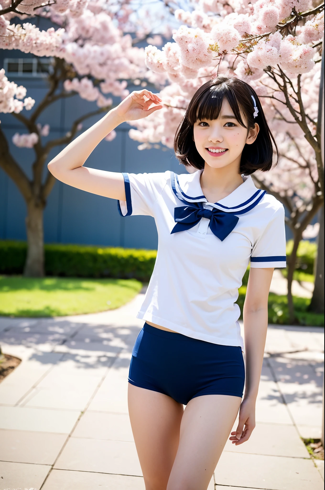 girl standing in school yard,short-sleeved navy blue frilled school swimsuit,hands on crotch,18-year-old,bangs,a little smile,thighs,knees,short hair with low pigtails bunches with sailor ribbon bow,from below,front light