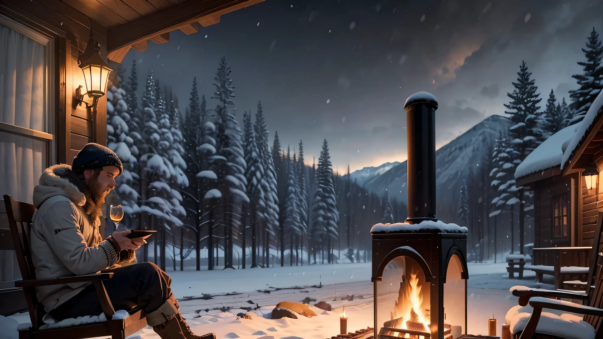 araffe sitting on a porch with a fire in the fireplace, outside in snow snowing, winter setting, snowfall at night, cozy setting, immensely detailed scene, cinematic outdoor lighting, realistic cgi, cinematic establishing shot, atmospheric establishing shot, cinematic render unreal engine, inspired by Terry Redlin, realistic establishing shot, amazing cgi, atmospheric cold lighting, unreal engine cinematic