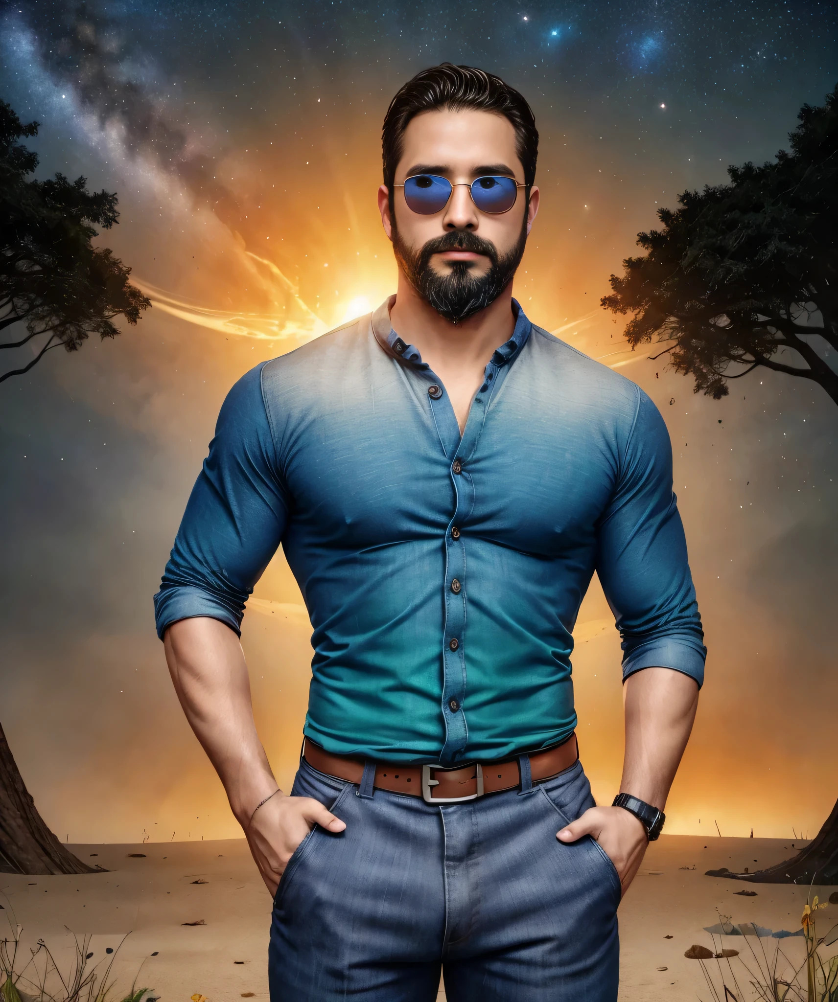 Obra maestra, desenfoque de campo, Parte superior del cuerpo, Hands in pants pockets, 38 year old man with beard and square sunglasses. Man wearing a shirt with a color gradient in the space movie with a solar  explosion in the background.