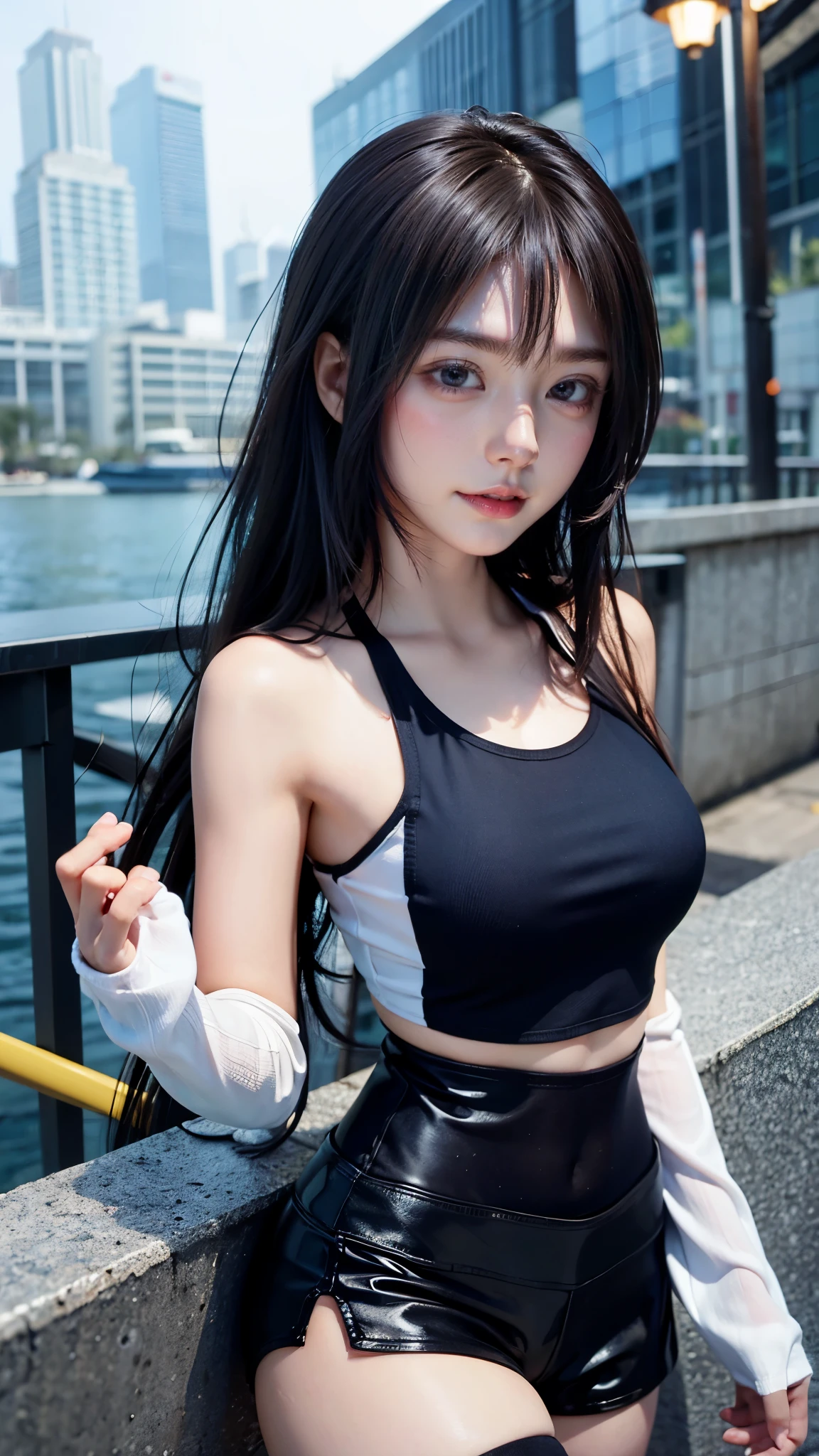 (8k, best quality, masterpiece:1.2), (realistic, photo-realistic:1.37), tifa lockhart, looking at camera, small breasts, A cup, ultra-detailed, 1 girl, cute, solo,beautiful detailed sky, dating,(nose blush),(smile:1.15),(closed mouth),(collared shirt:1.1), (short hair:1.3),(floating hair NovaFrogStyle:1.2), jk,pink light, wet, park, reflective iris, red iris, looking at camera, tifa original outfit, beach background, light on face, strong arms, muscular arms, tifa original outfit, full body, sly smile